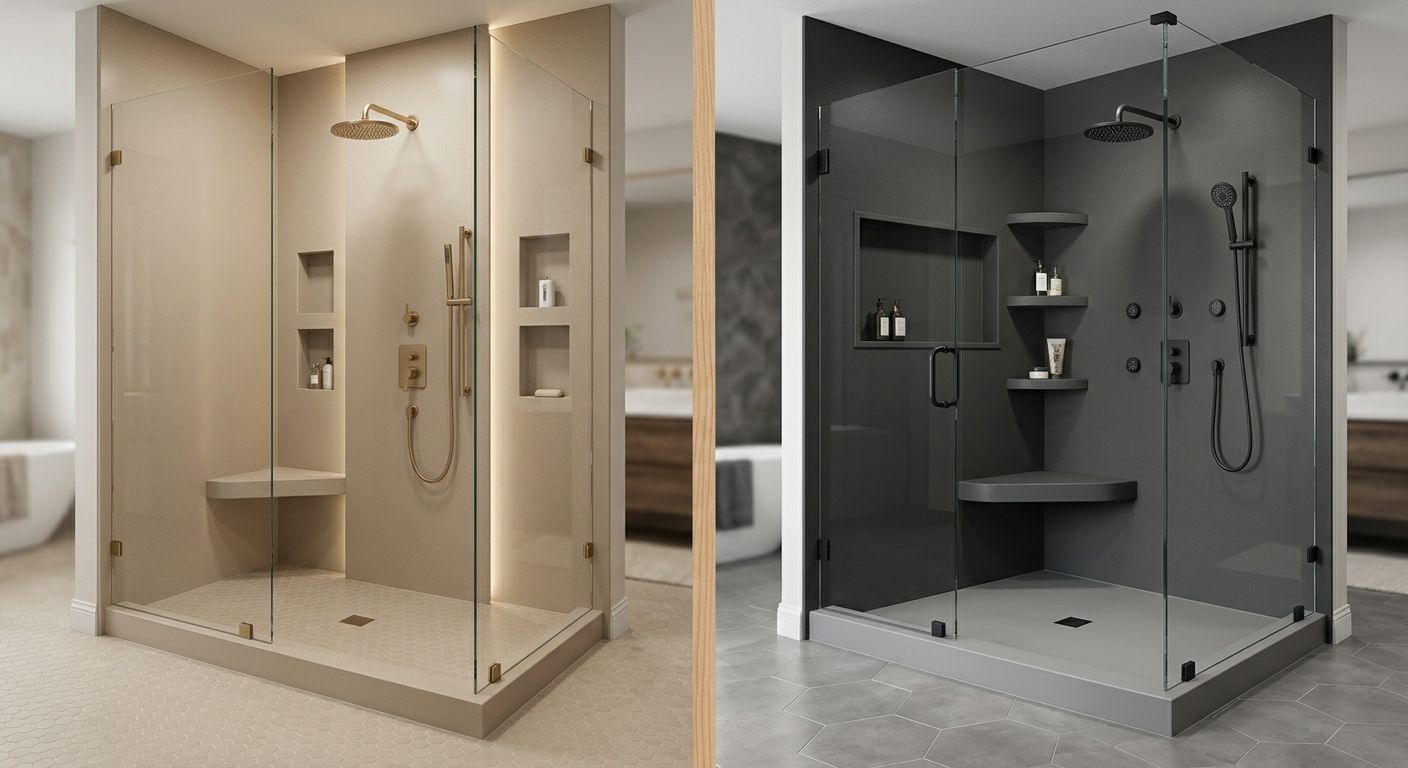 Modern walk-in shower with beige and dark gray tiled designs, built-in shelves, and rainfall showerheads.