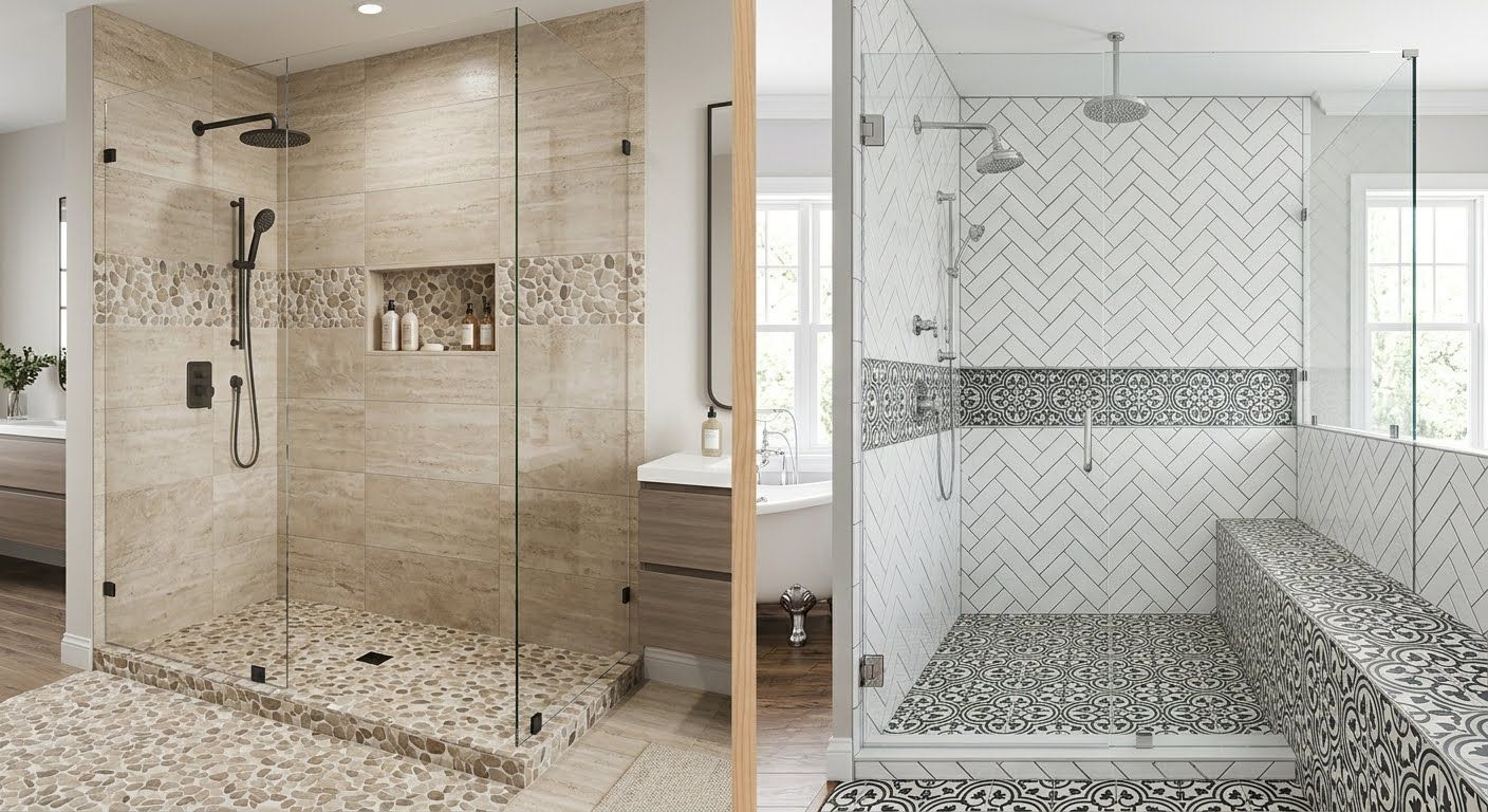 Two luxury tiled showers with glass enclosures, one beige and one white herringbone with bench.