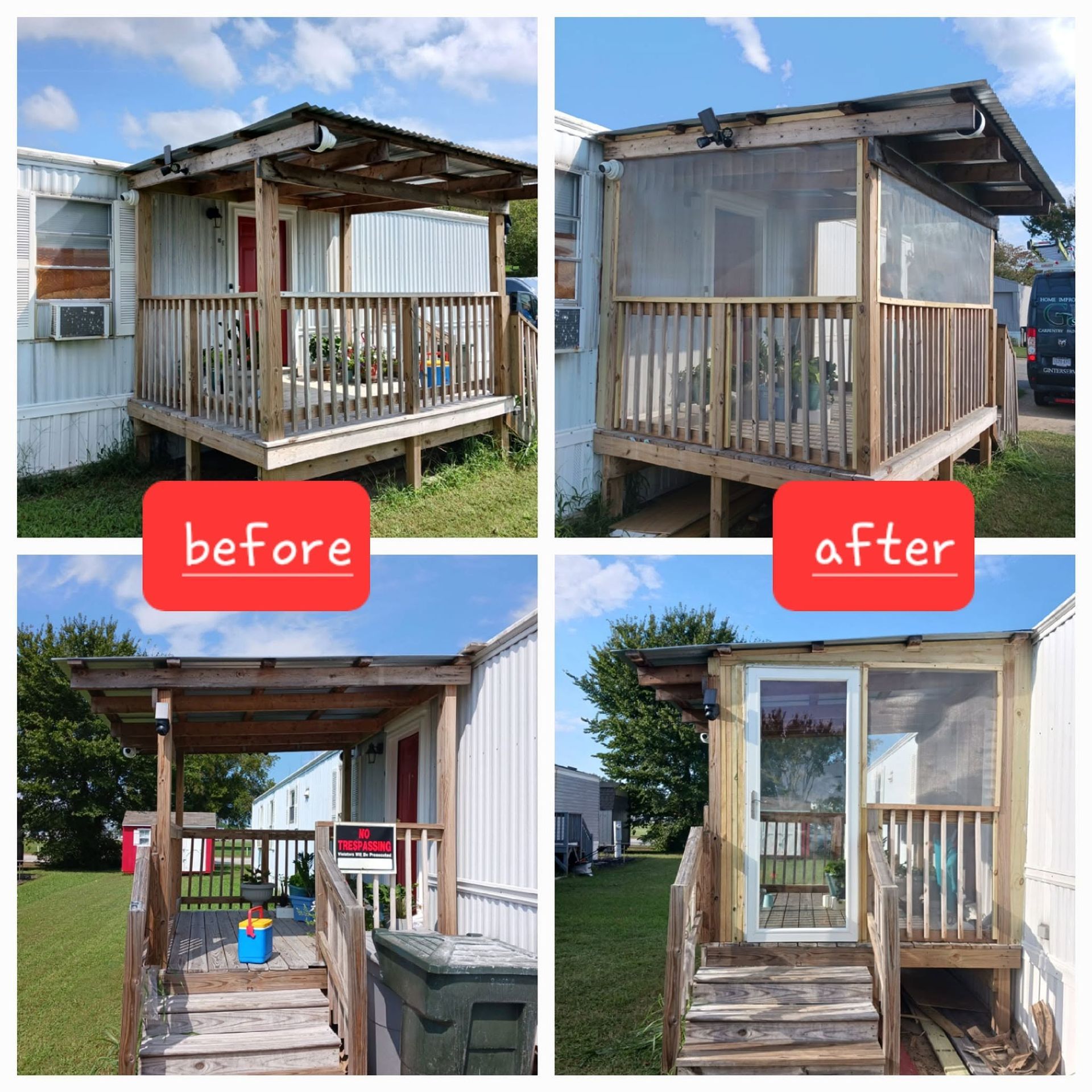Porch renovation before-and-after collage showing a small weathered porch replaced with a newer enclosed porch.
