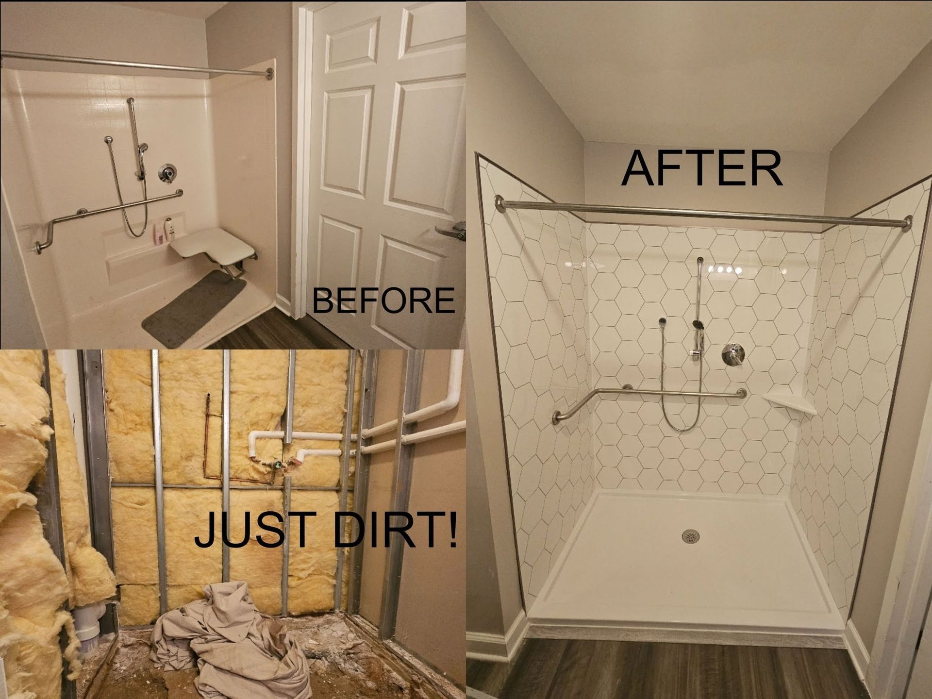 Shower stall before-and-after: dirty floor and walls cleaned to white tiles and fixtures.