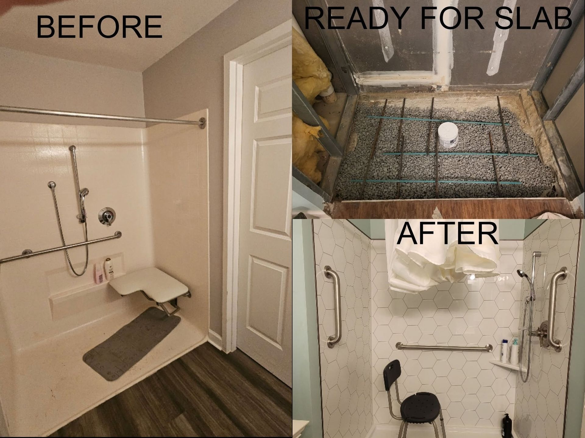 Bathroom remodel collage showing a shower before, slab prep, and finished shower after