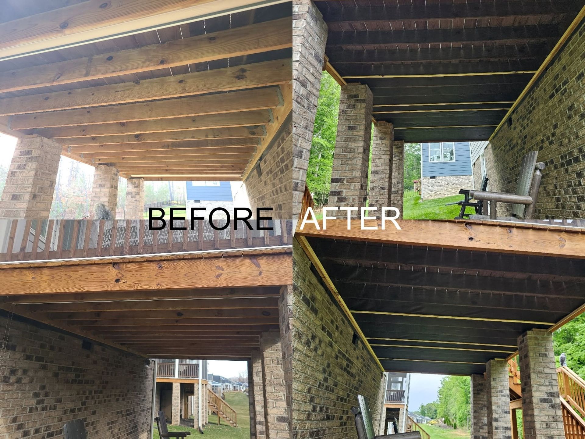 Before-and-after under-deck renovation showing added wood siding and stone pillar support.