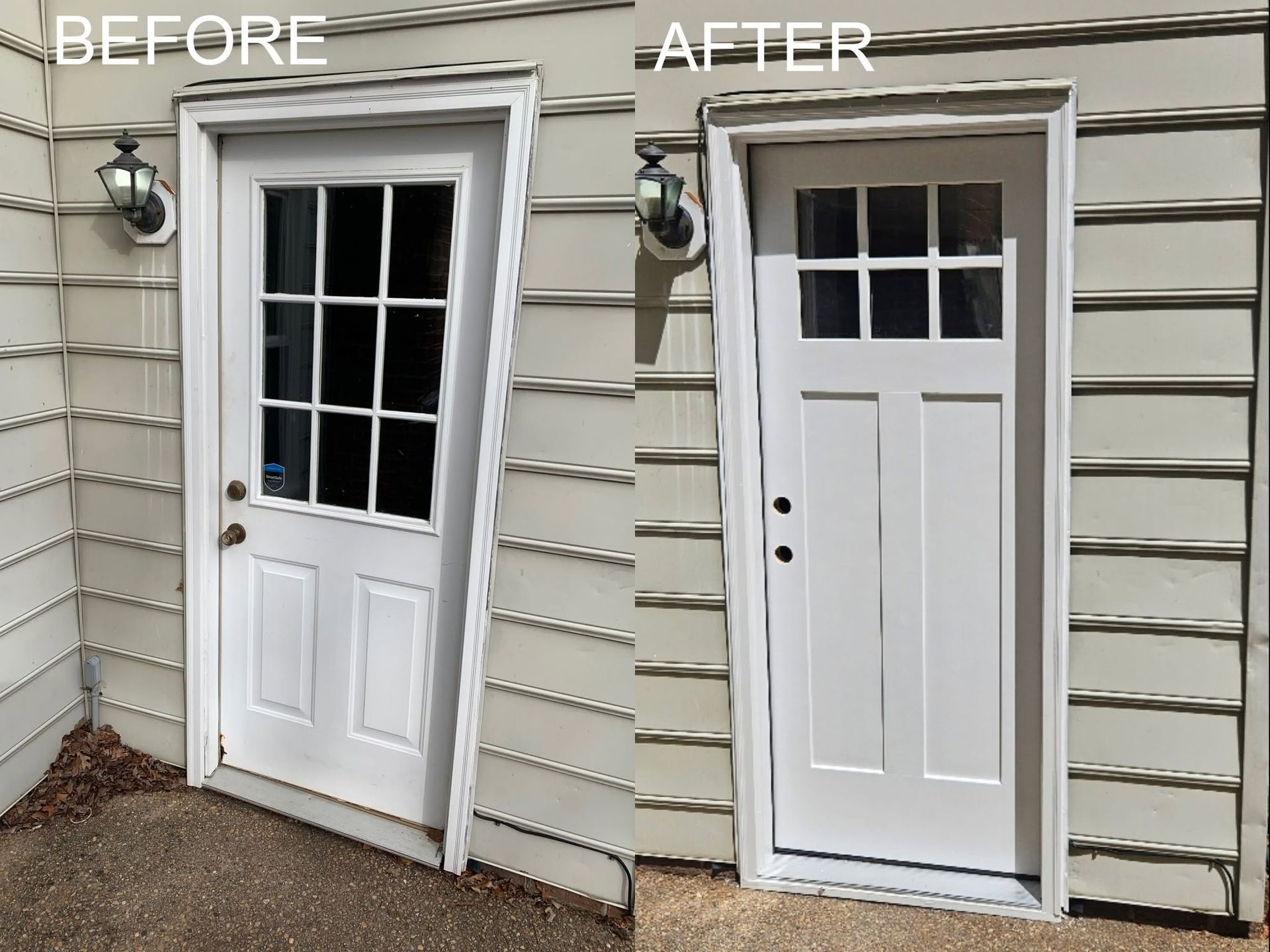 Before-and-after view of a house front door replacement, showing a white door installed on a beige exterior.