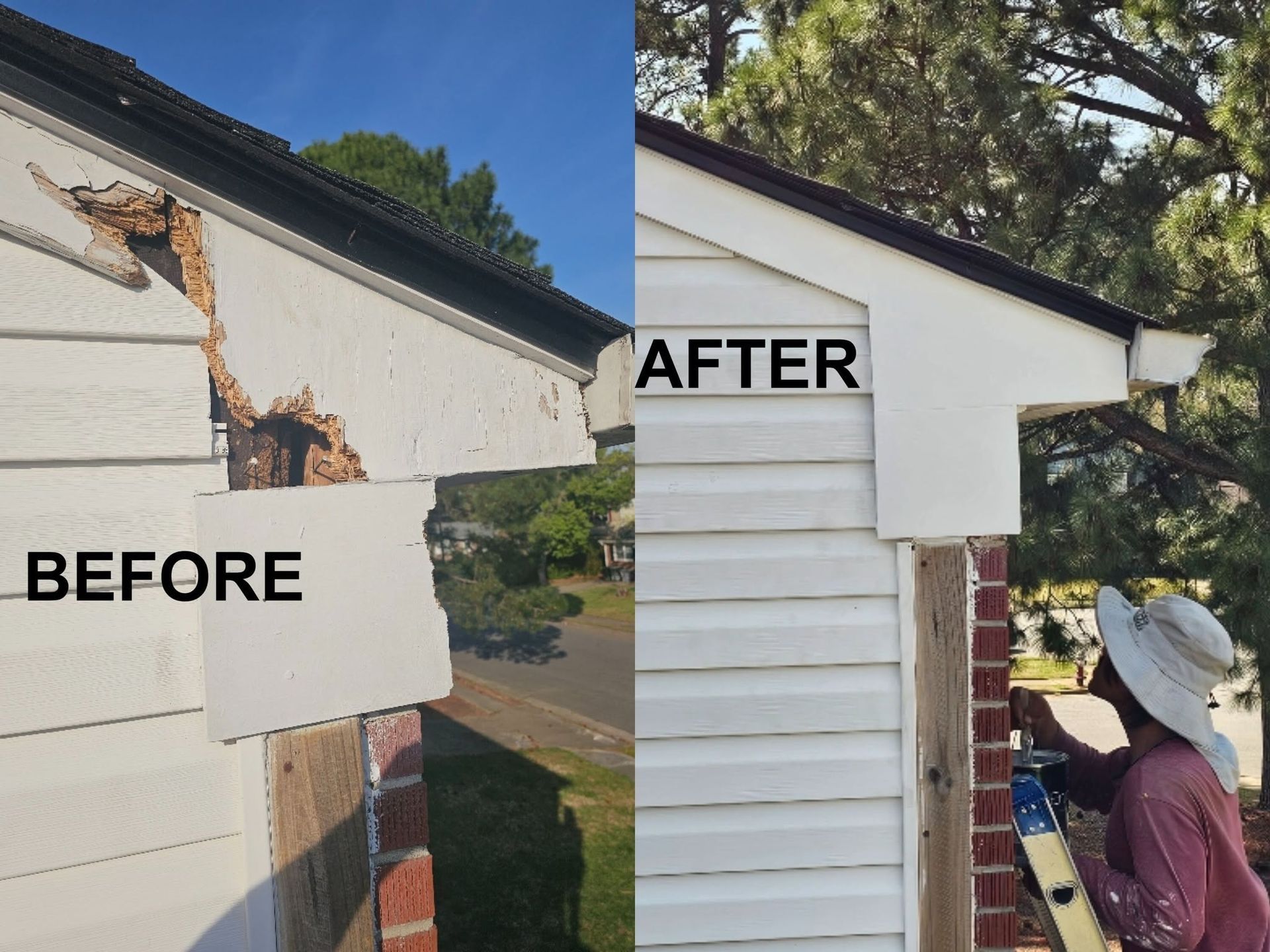Before-and-after view of white siding repair on a house exterior, with a person working at right.