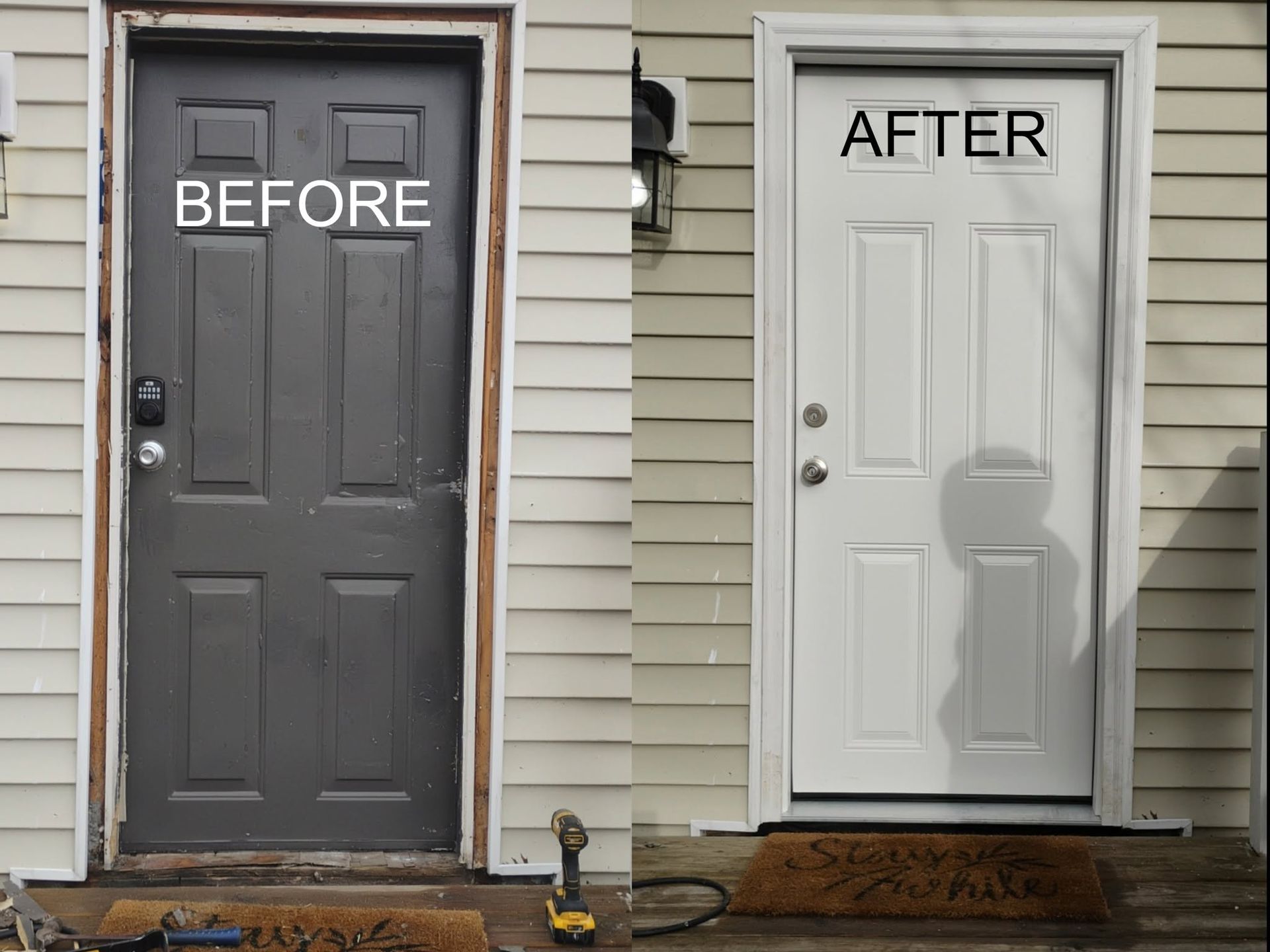 Before-and-after of a dark gray front door replaced with a white one on a house exterior