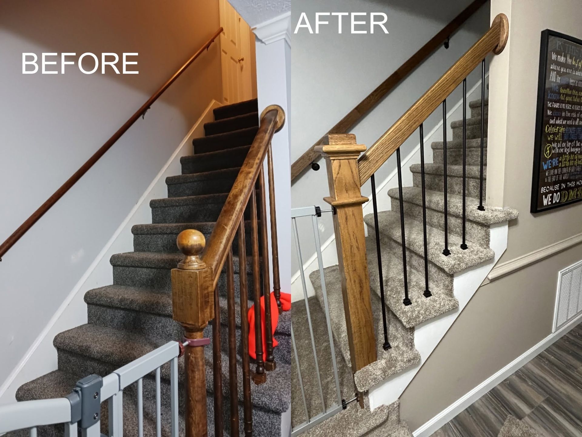 Before-and-after staircase railing renovation: old brown wood replaced with new wood and black metal balusters.