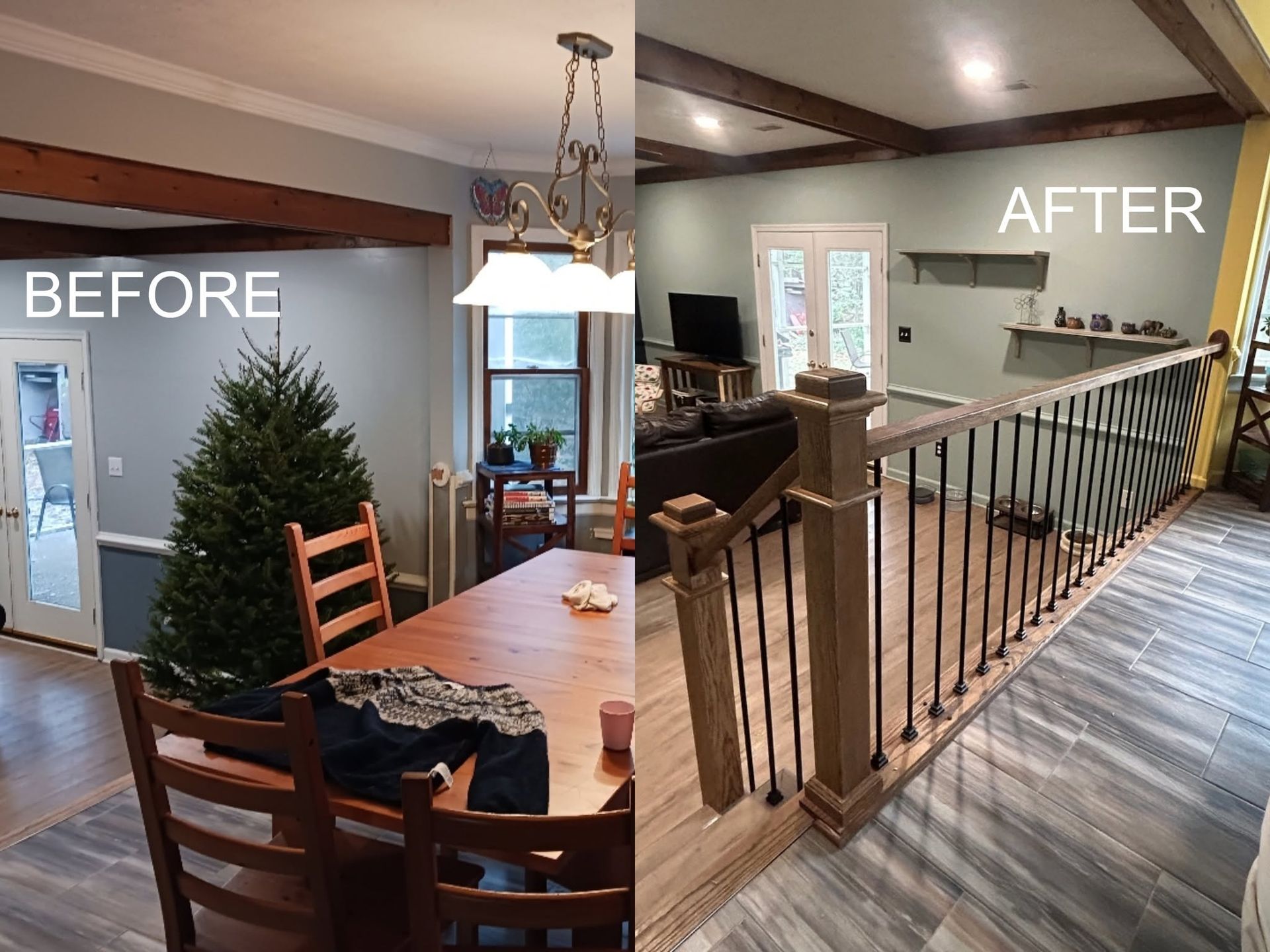 Before-and-after view of a dining room and hallway remodel with updated railing and flooring