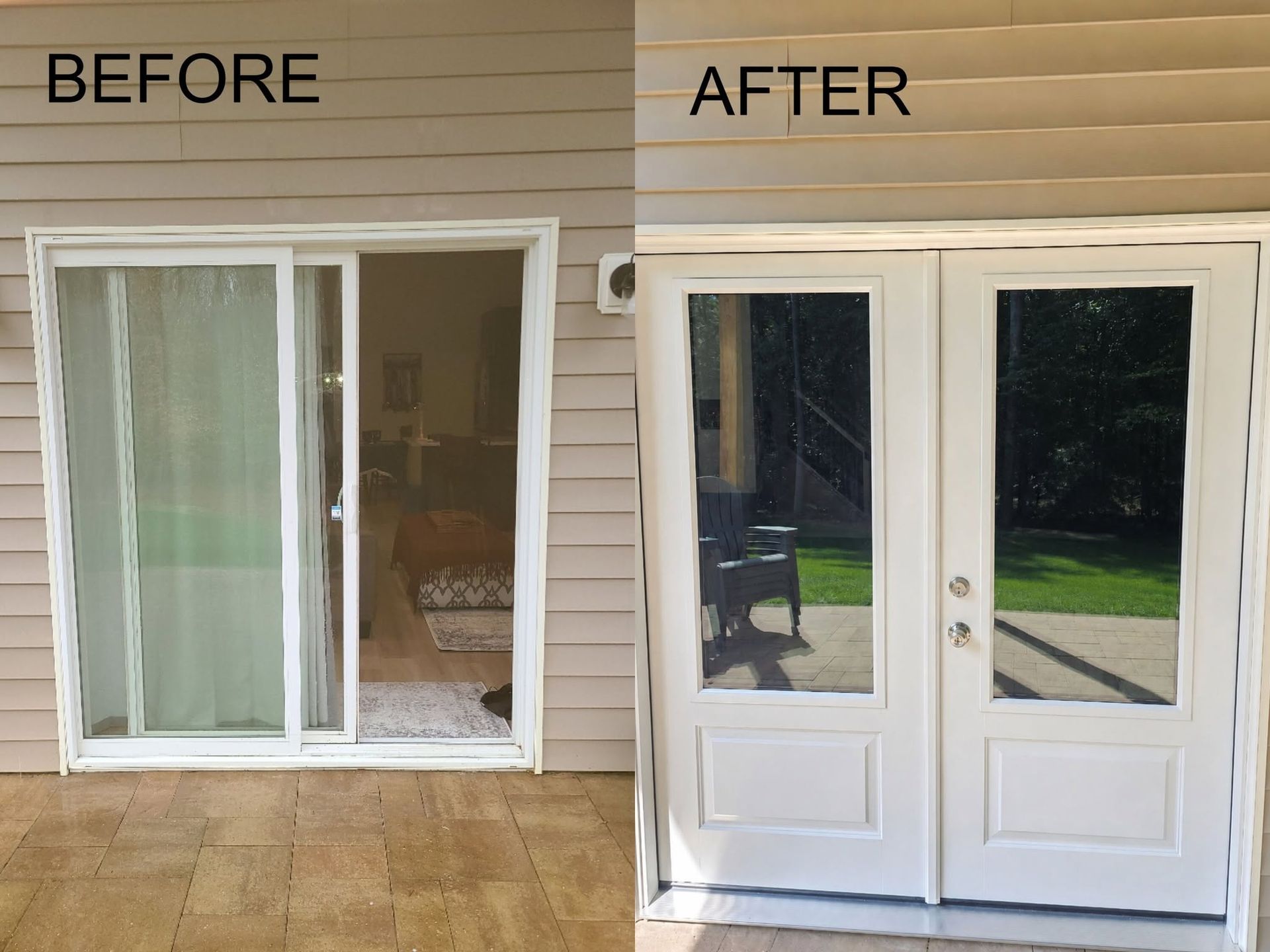 Before-and-after of a porch entry: old sliding door replaced by white French doors with sidelights.