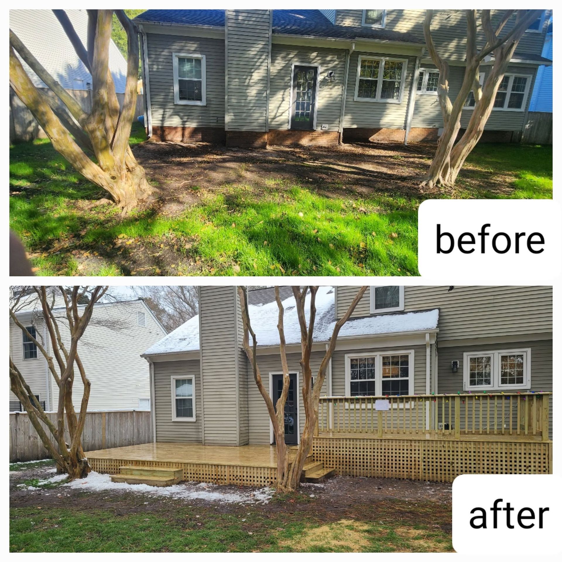 Before-and-after view of a house exterior with trees removed and a new wooden deck added.
