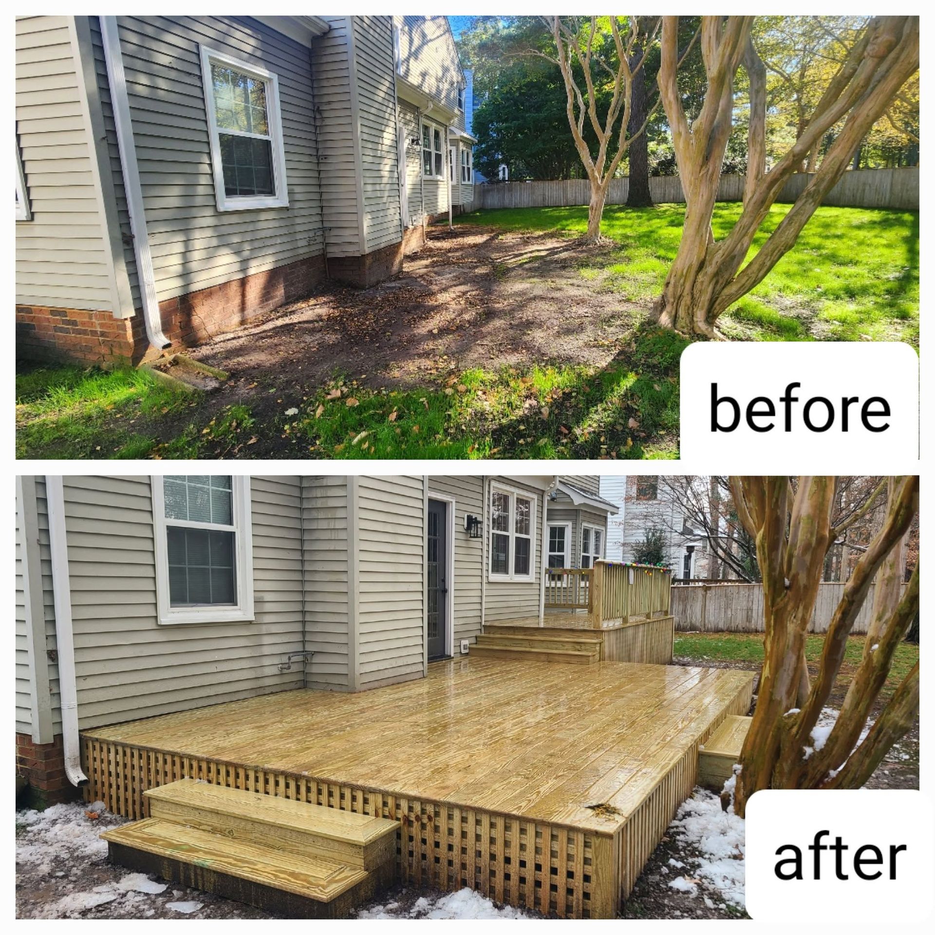 Before-and-after of a backyard: dirt space replaced with a wooden deck and steps beside a house.