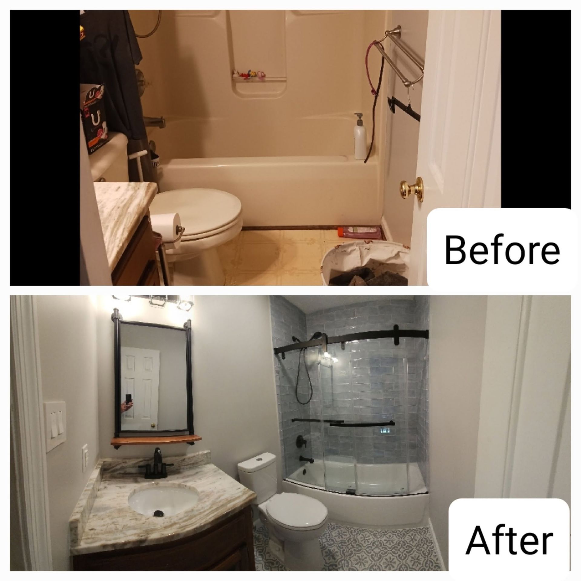 Before-and-after bathroom renovation: beige old bath above, modern gray-tiled bathroom below.