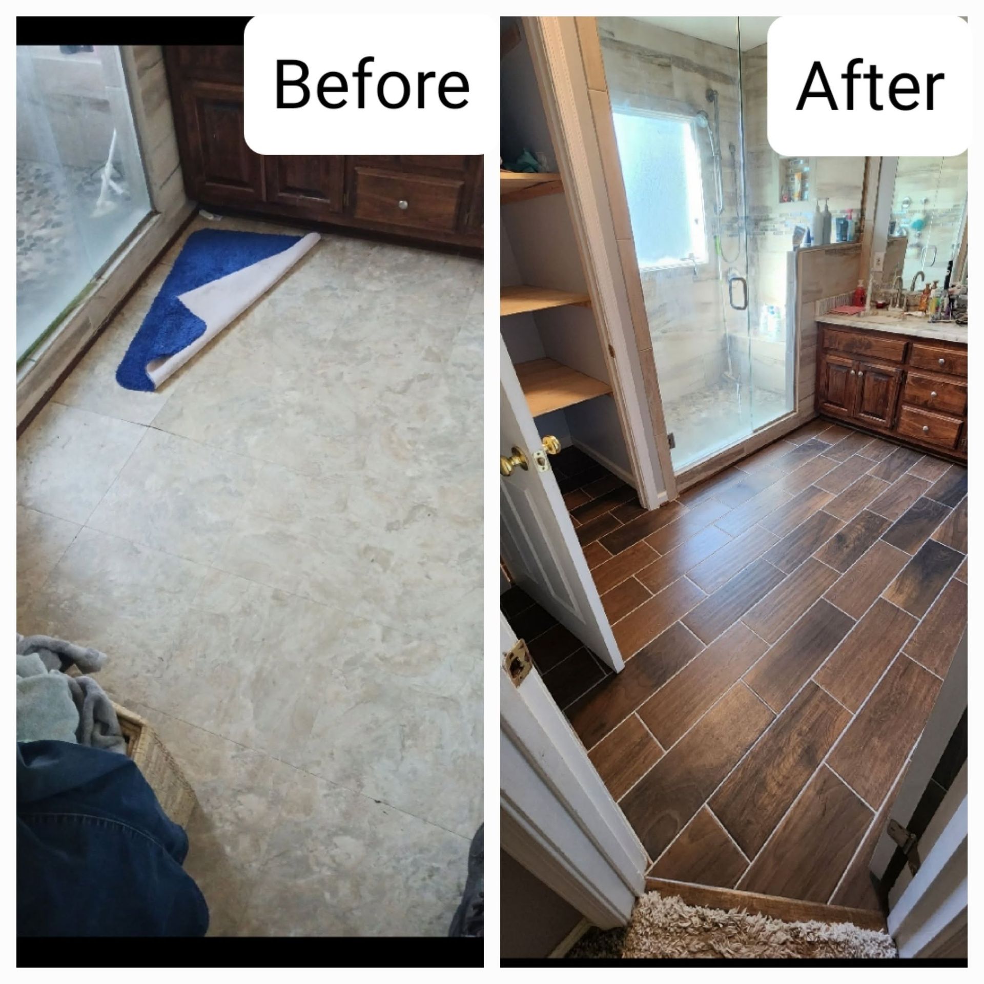 Before-and-after of a bathroom floor replaced with brown wood-look tile and a new shower threshold.