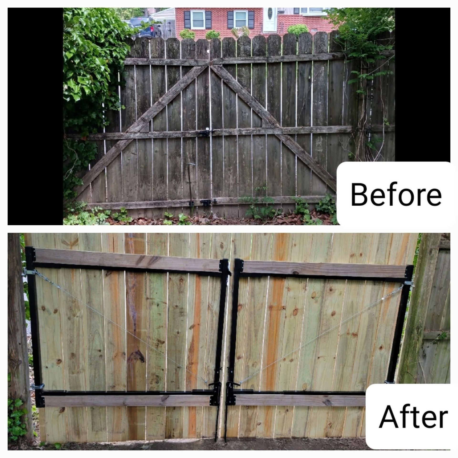 Backyard wooden gate shown before and after repair, with added horizontal braces and fresh boards