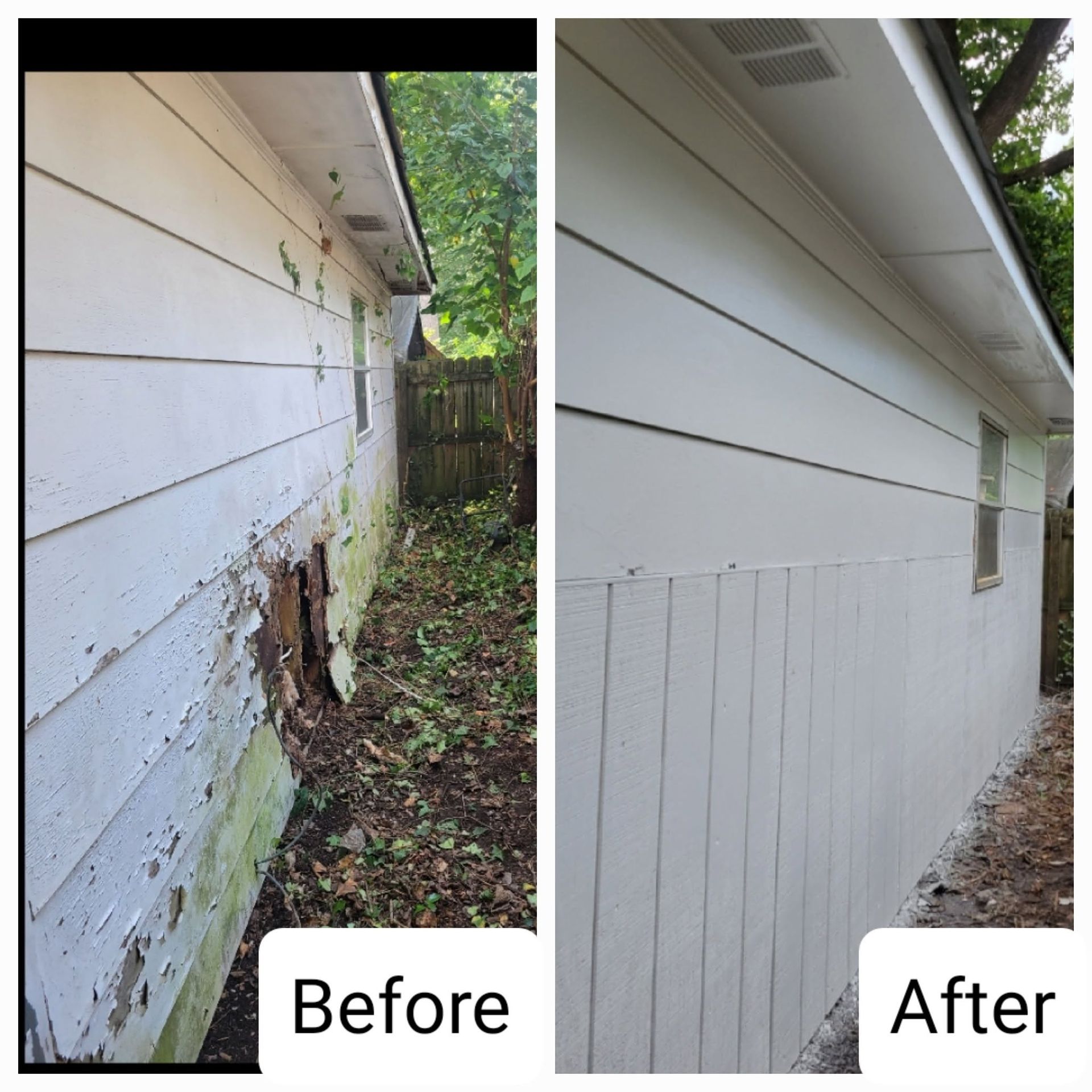Before-and-after of a house exterior repair, showing damaged siding replaced with clean white siding.