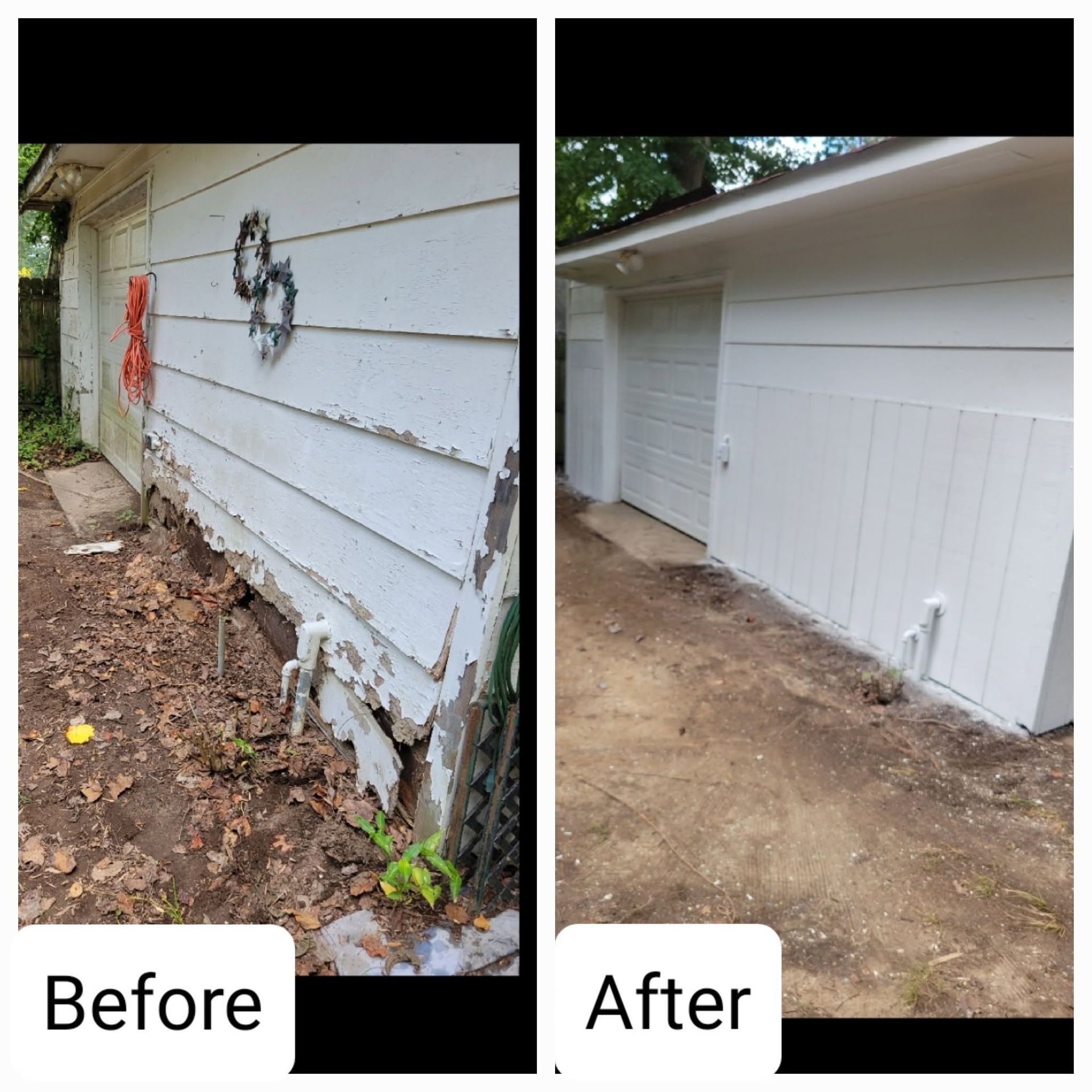 Before-and-after of a house exterior: damaged white siding replaced with clean white siding and trim.