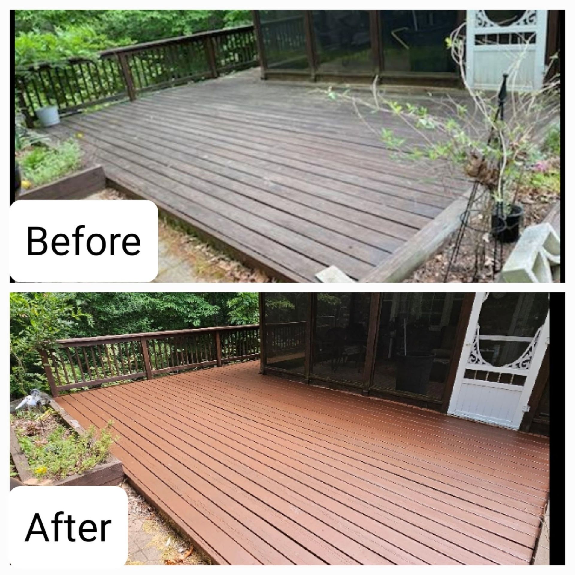 Deck renovation before-and-after: worn gray boards replaced with freshly stained reddish-brown decking.