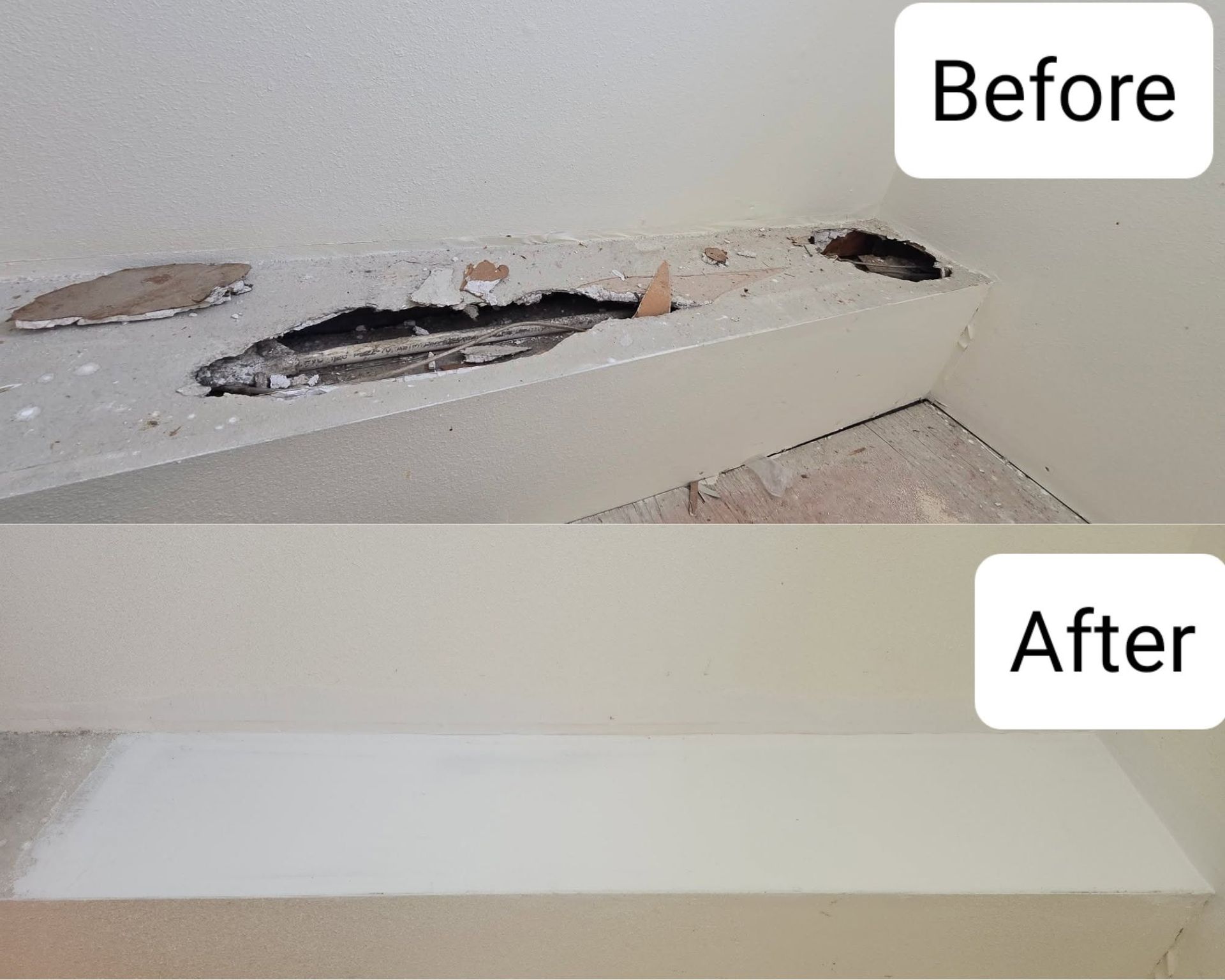 Before-and-after photo of a white wall/floor repair with a large hole fixed and painted over