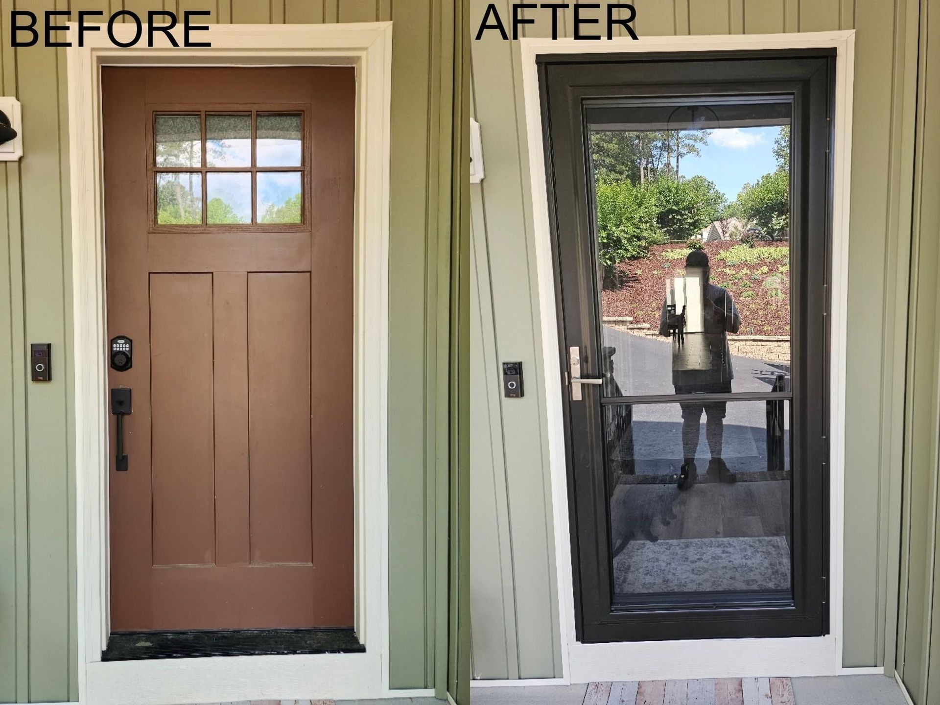 Before-and-after of a front door: brown solid door replaced by a glass storm door reflecting a person outside.