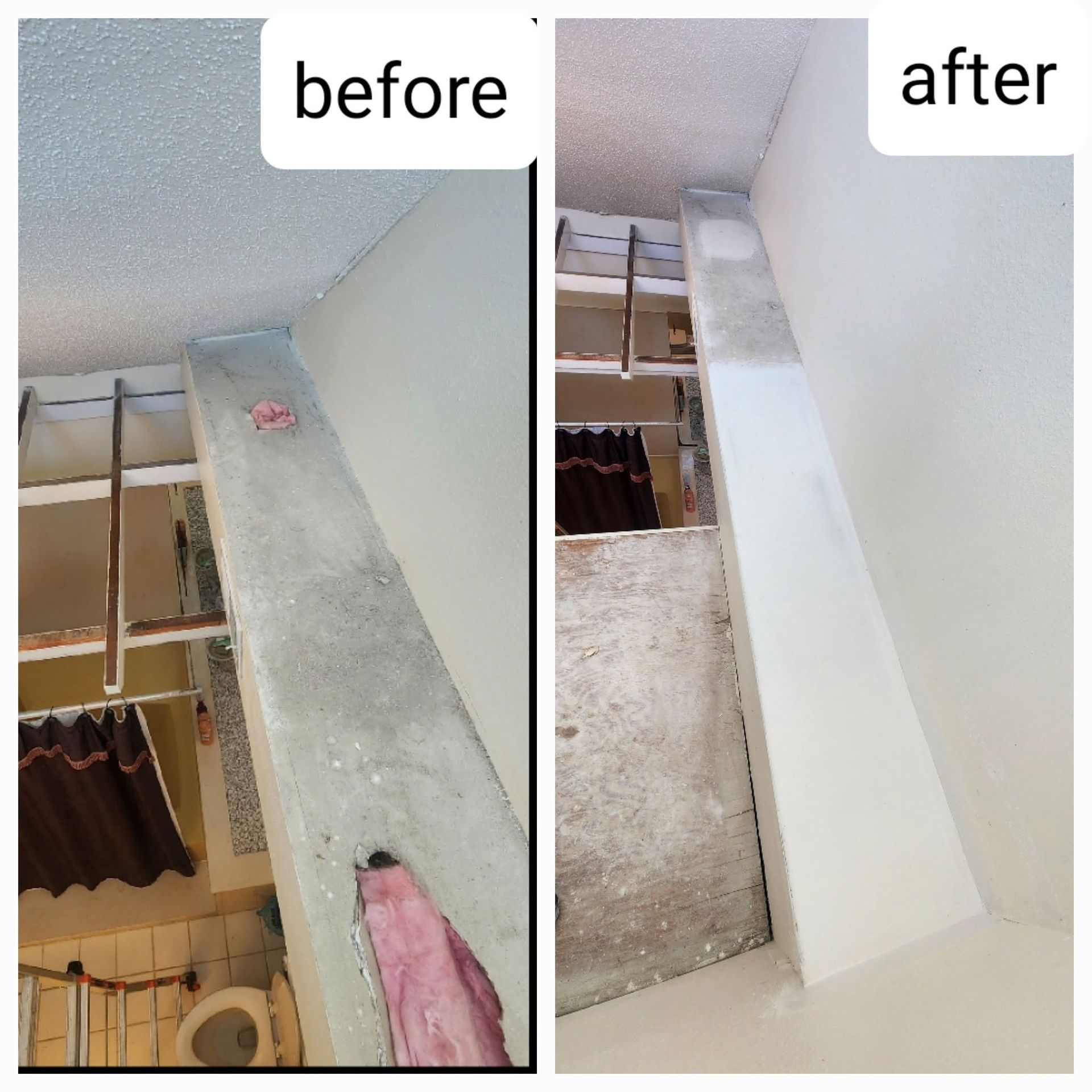 Before-and-after of a stairwell wall repair, showing a rough gray ledge replaced by a smooth white surface.