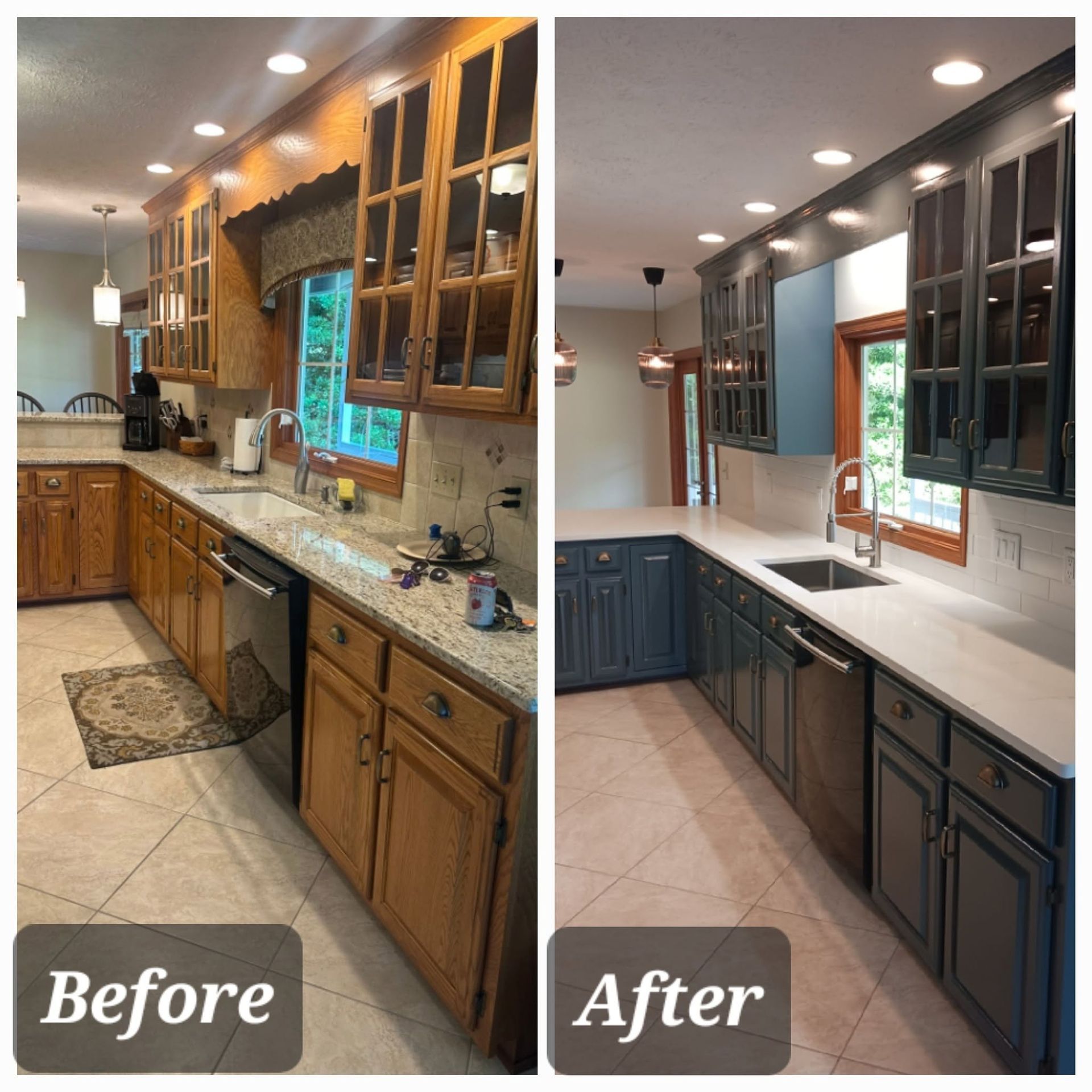 Kitchen before-and-after remodel with dark cabinets, light counters, and new black lower cabinets.