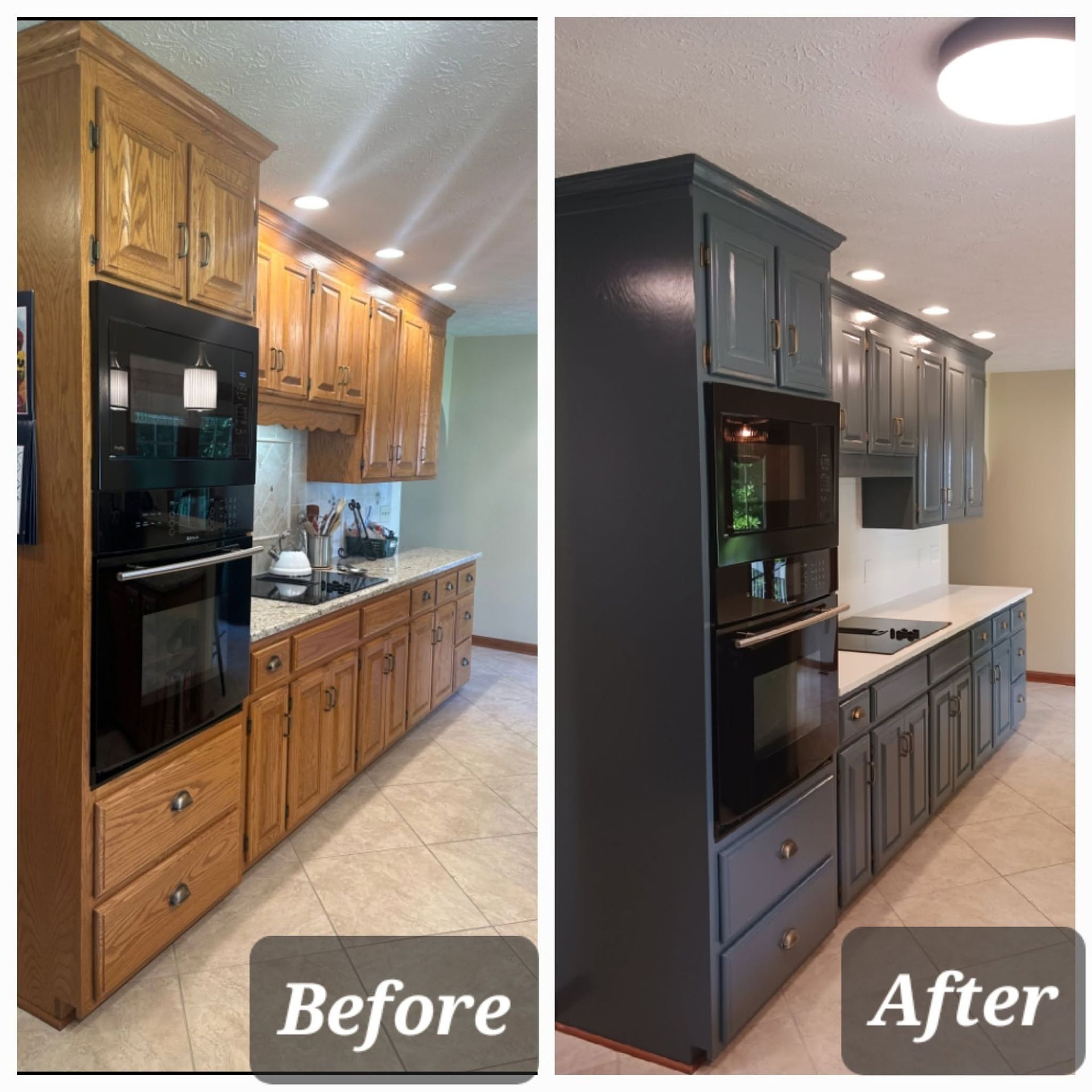 Before-and-after kitchen renovation: wood cabinets changed to dark gray with a lighter countertop.