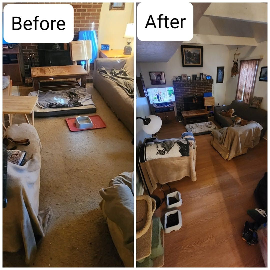 Before-and-after living room cleanup: cluttered carpeted room changes to a tidier wood-floor room with TV and furniture.