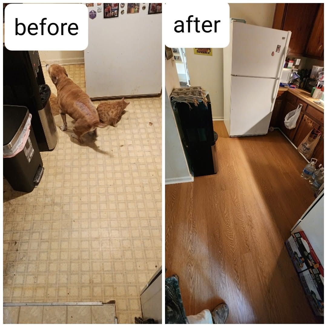 Before-and-after of a kitchen floor remodel: old vinyl replaced with brown wood flooring.