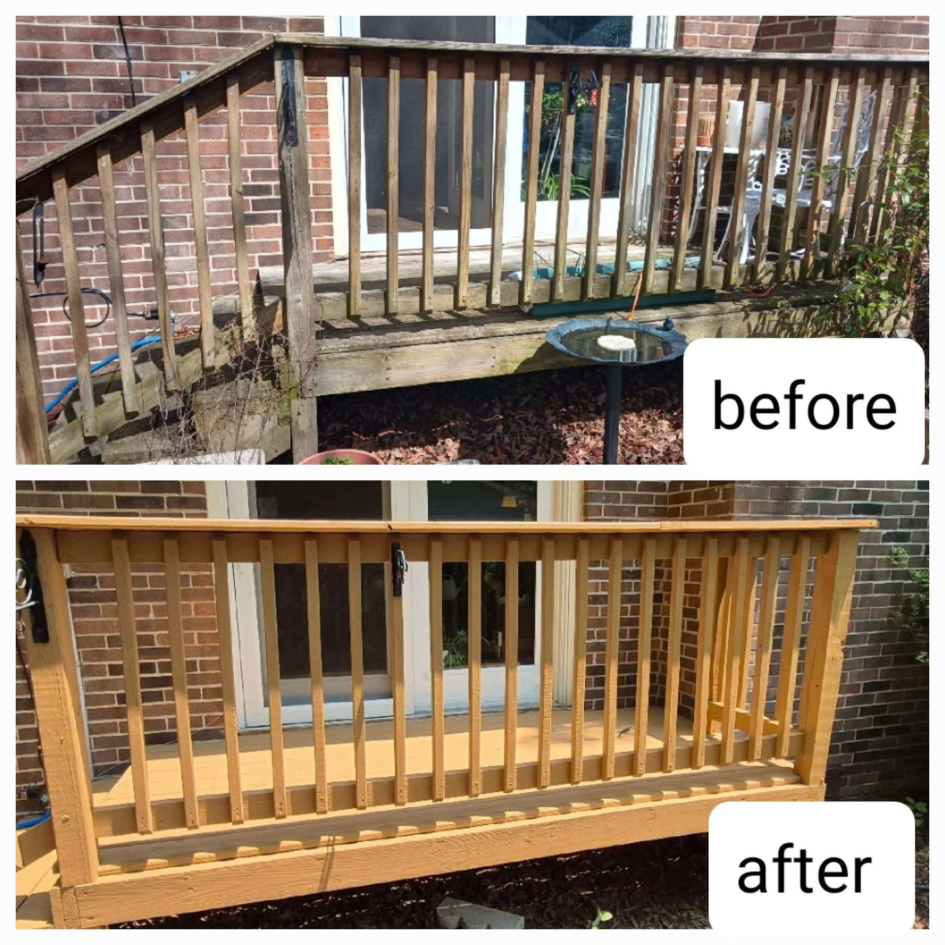Before-and-after of a wooden porch railing repair and repainting on a brick house