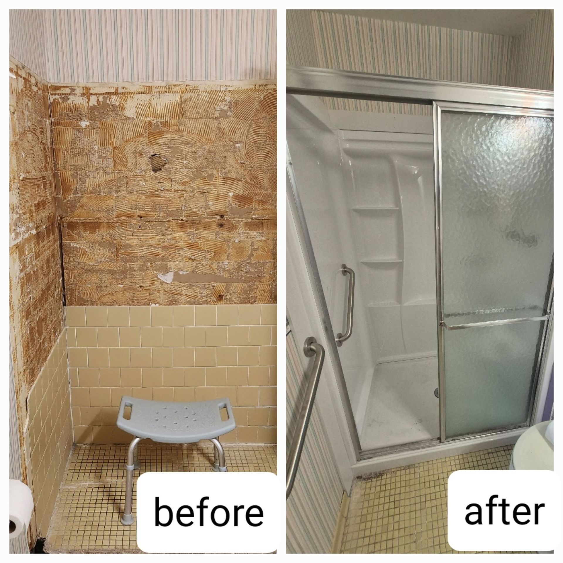 Before-and-after bathroom shower renovation, showing damaged wall replaced with a tiled shower and glass door.