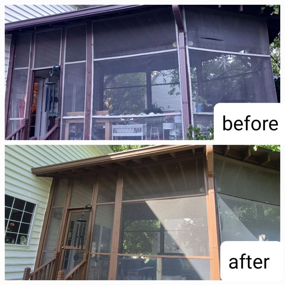 Before-and-after of a screened porch exterior, showing repaired frame and replaced screens.