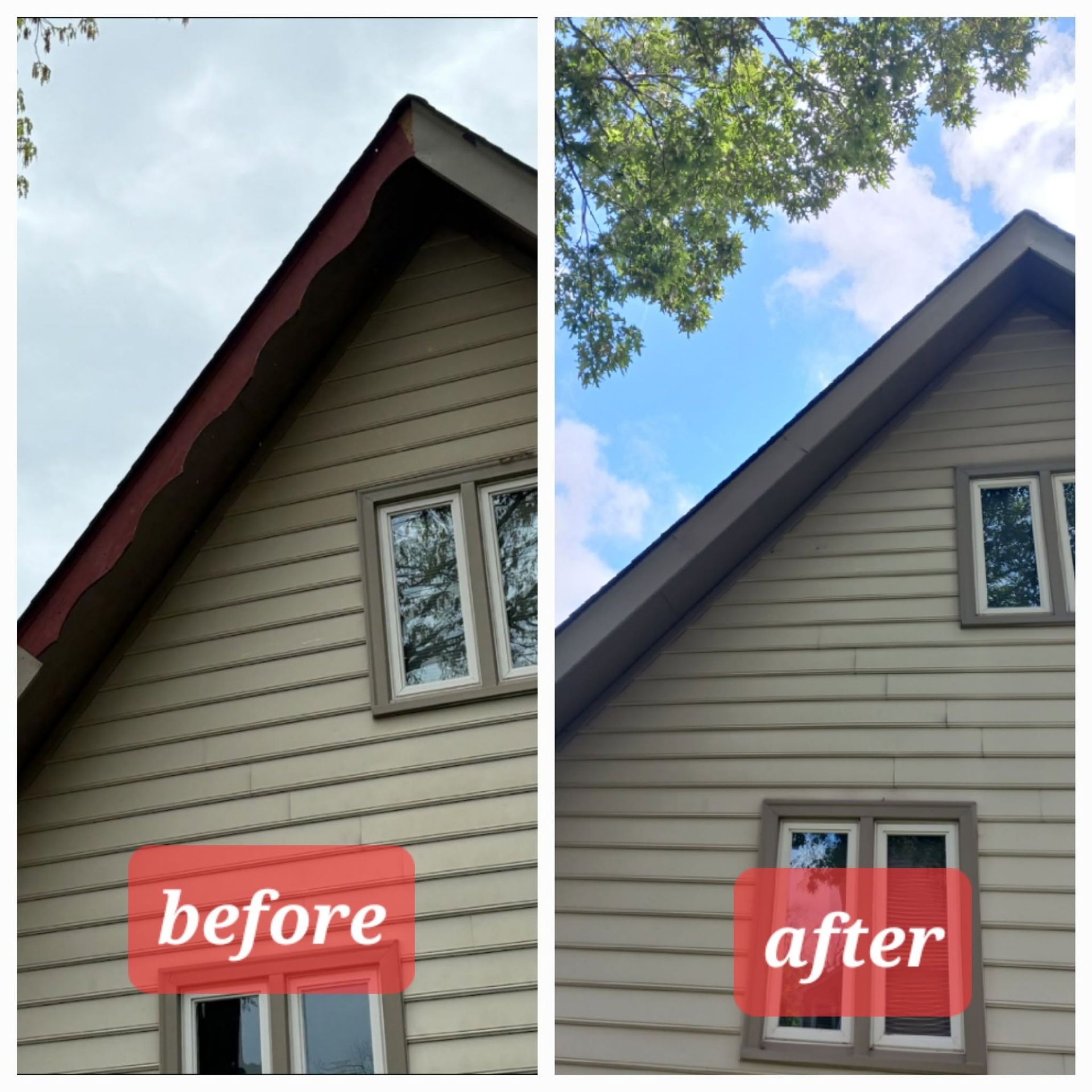 Before-and-after of house roofline trim color change from red to dark brown on gabled exterior.