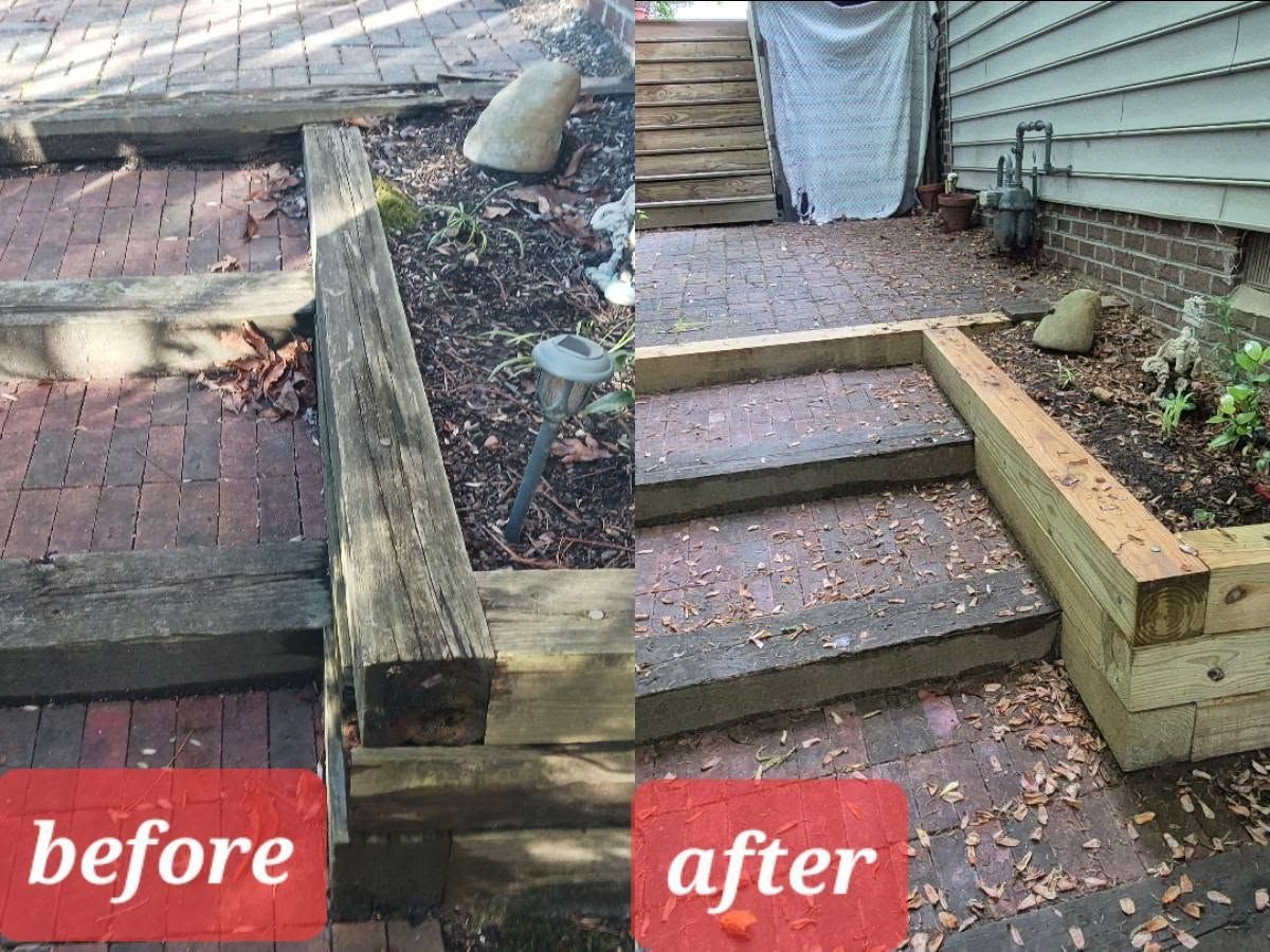 Before-and-after view of a garden stairway and retaining wall made neater with new wood edging