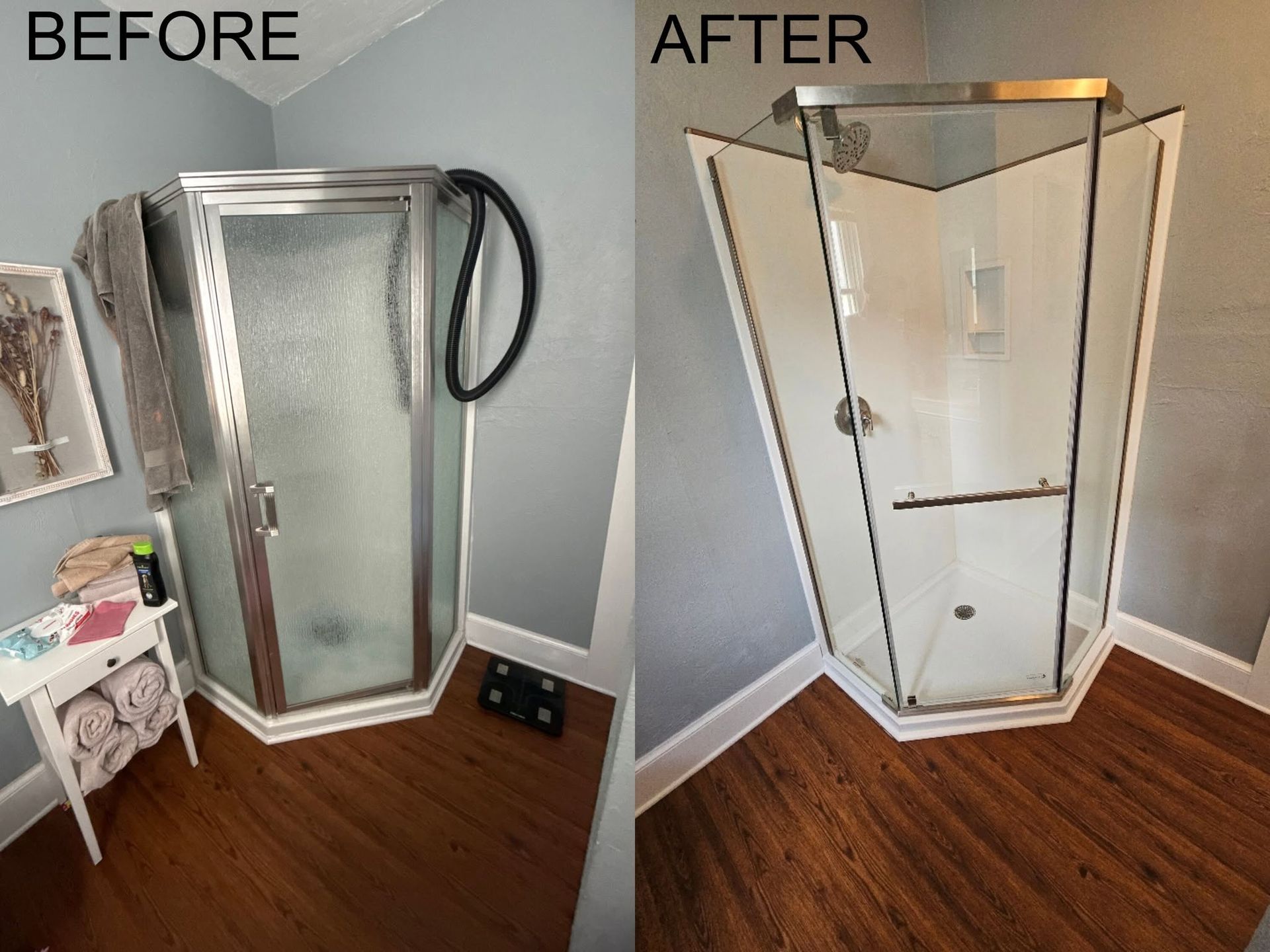 Before-and-after shower corner remodel with glass enclosure and wood floor.