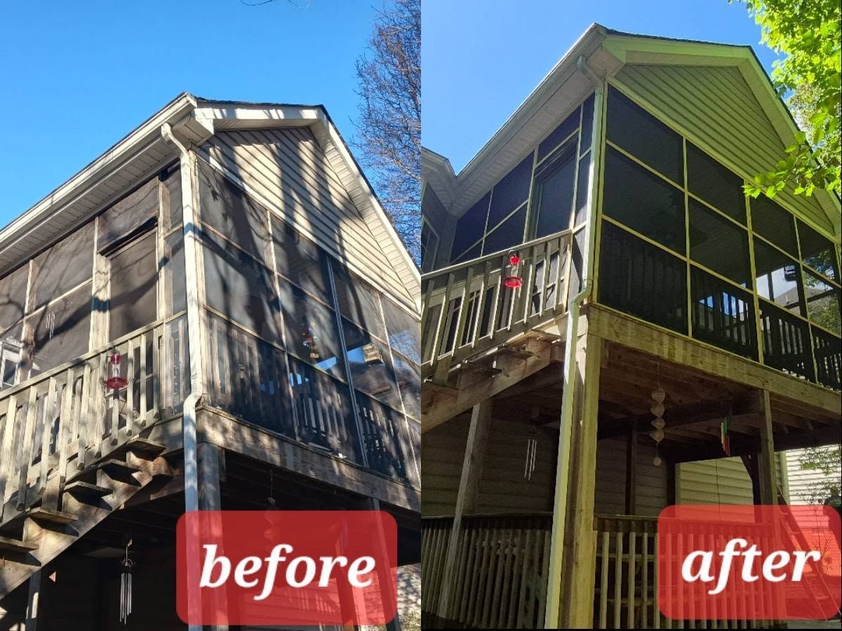 Before-and-after view of a raised wooden deck and stairs with added support posts and railing.