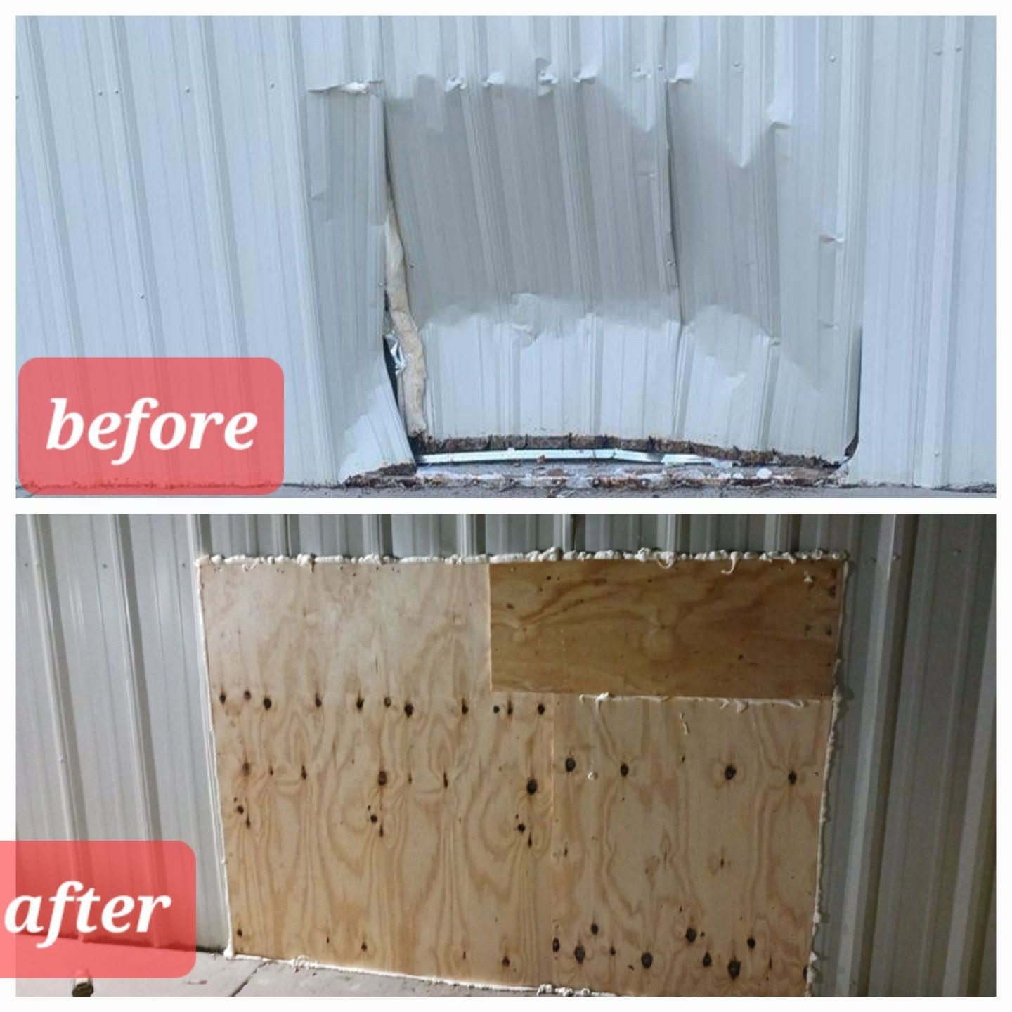 Before-and-after of a damaged wall repaired with plywood and metal patching.