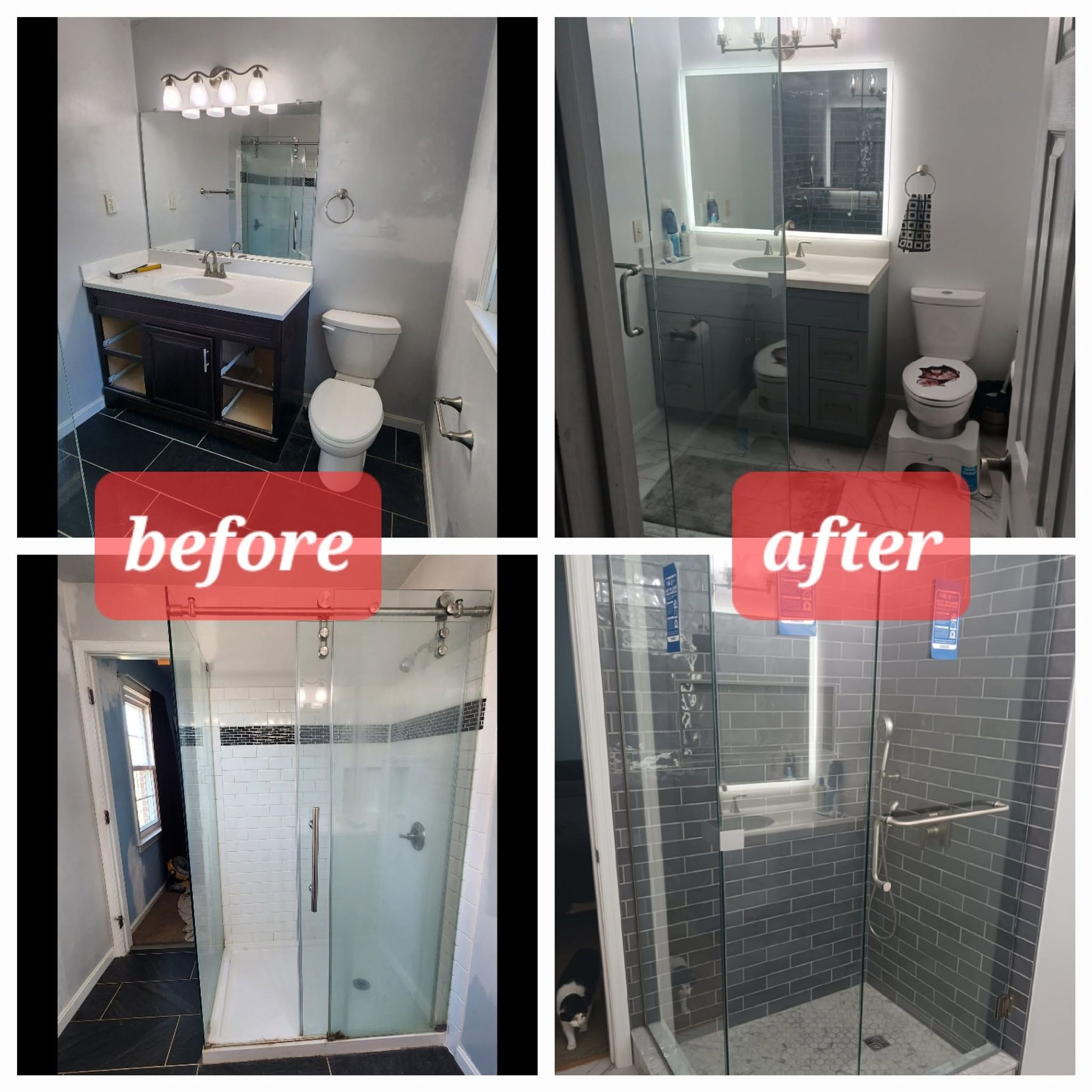 Bathroom remodel before and after: old white vanity and tub replaced with glass shower and dark tile.