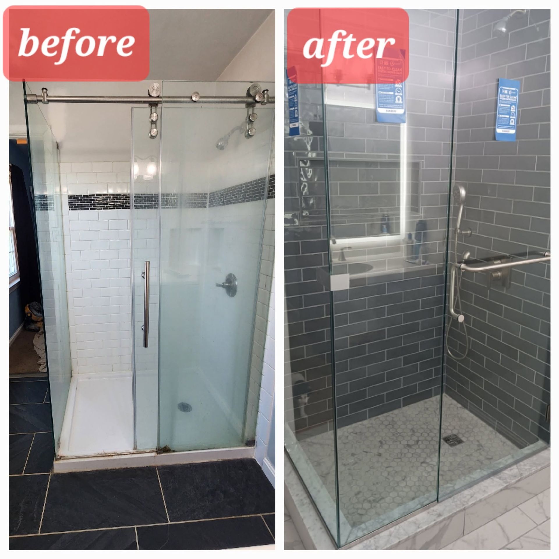 Before-and-after of a glass shower enclosure: white tile shower changed to dark gray tile with clear glass doors.