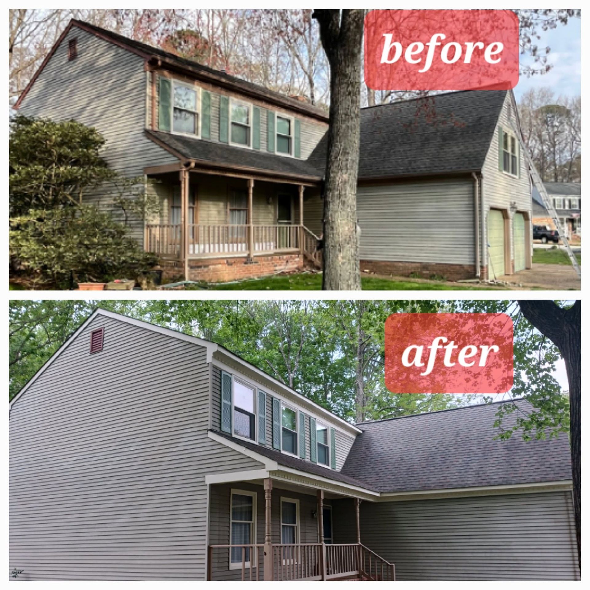 Before-and-after of a house exterior repaint and siding update, showing a darker to gray finish.