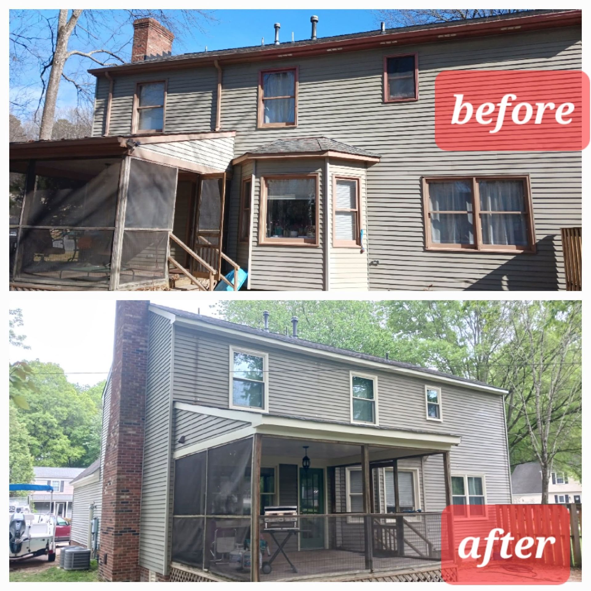 House exterior renovation before-and-after, showing gray siding updated with a new covered porch.