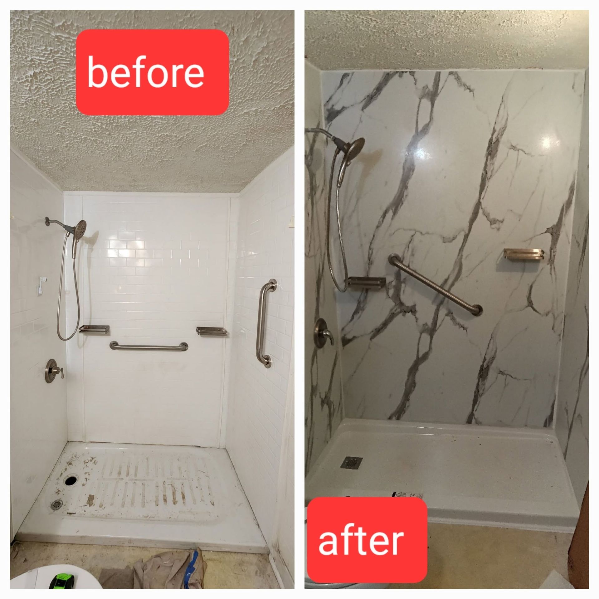 Side-by-side before and after shower remodel: white shower replaced with gray marble-look tile and new fixtures