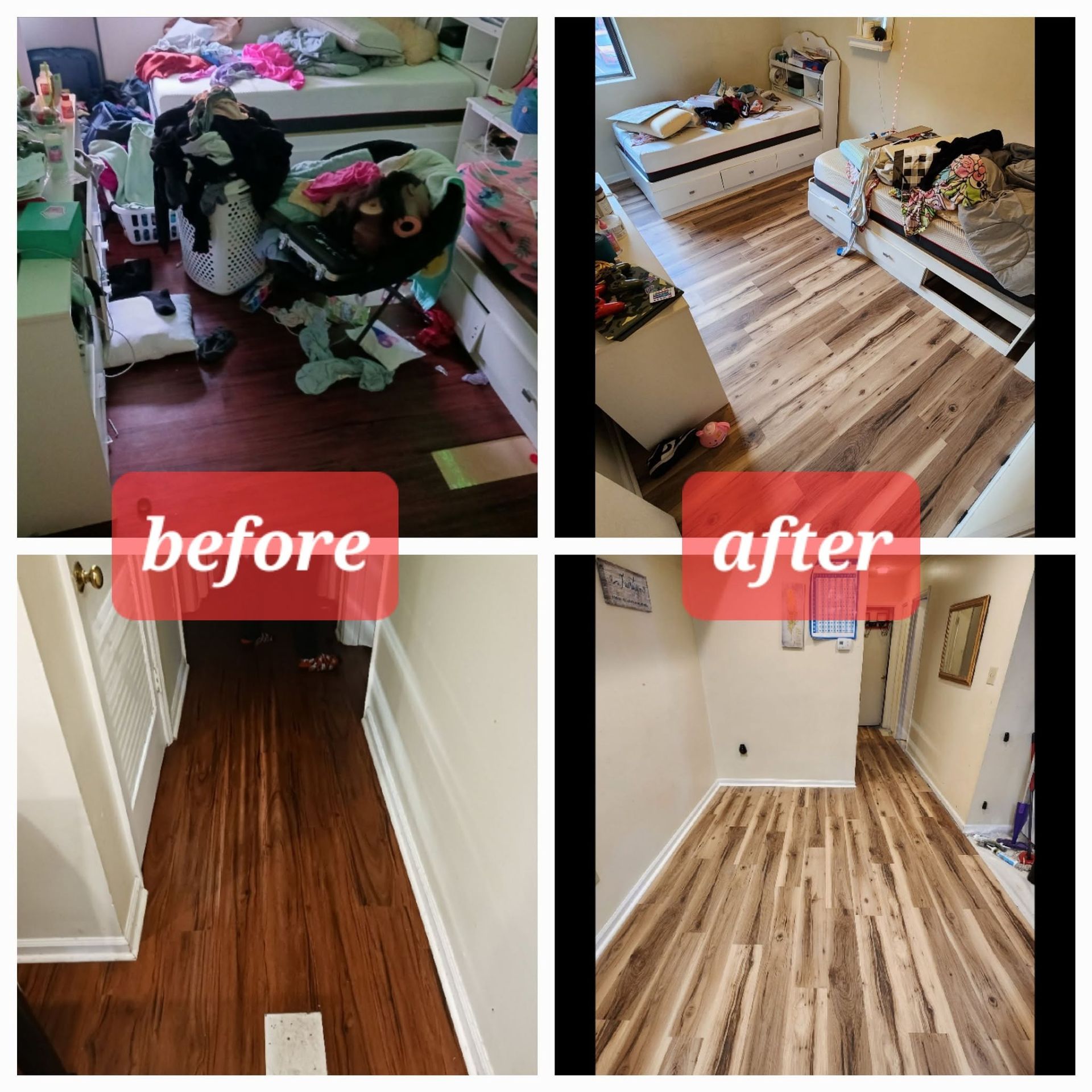 Before-and-after hallway and bedroom floor cleaning, showing cluttered spaces transformed into tidy, wood-floored rooms