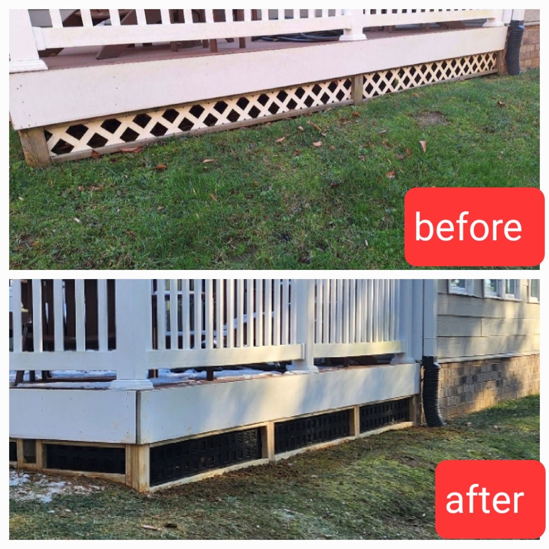 Before-and-after of a house skirt with lattice replaced by black vented panels under a white porch