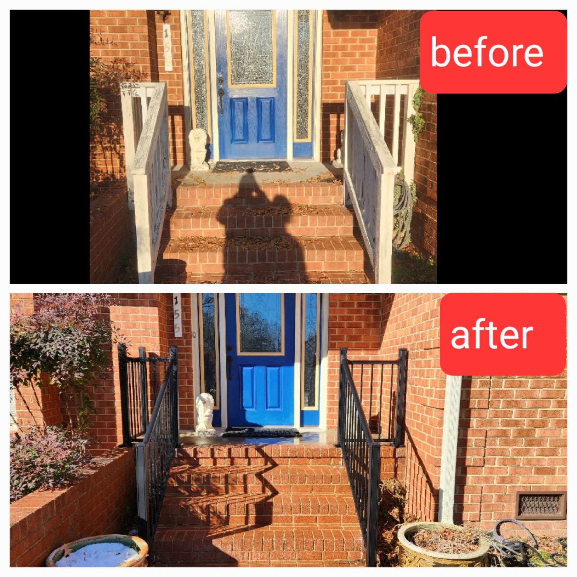 Before-and-after of a brick front porch with blue door and new black railings and steps.