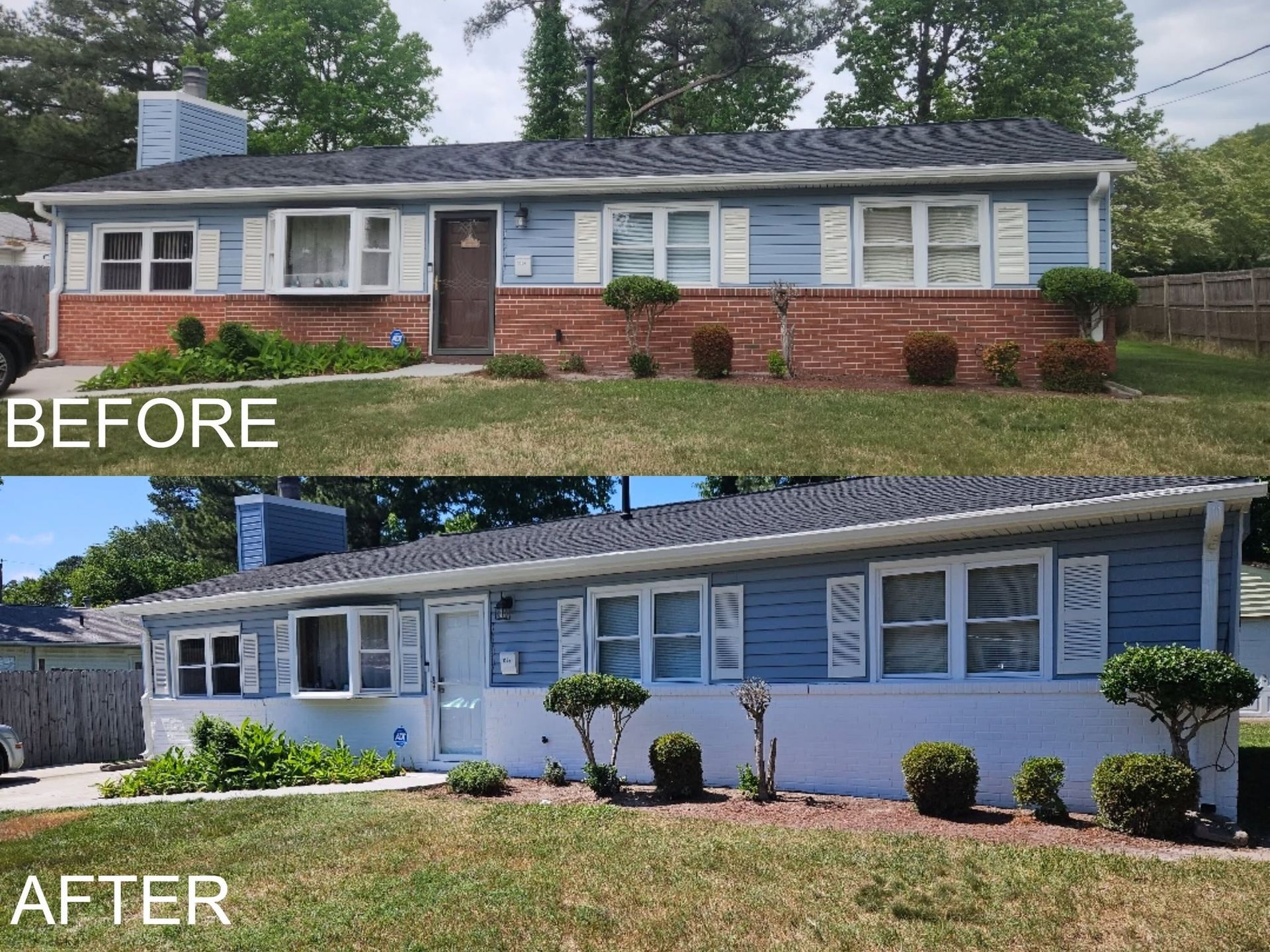 Before-and-after view of a house exterior repaint from brick and white trim to light blue siding and dark shutters