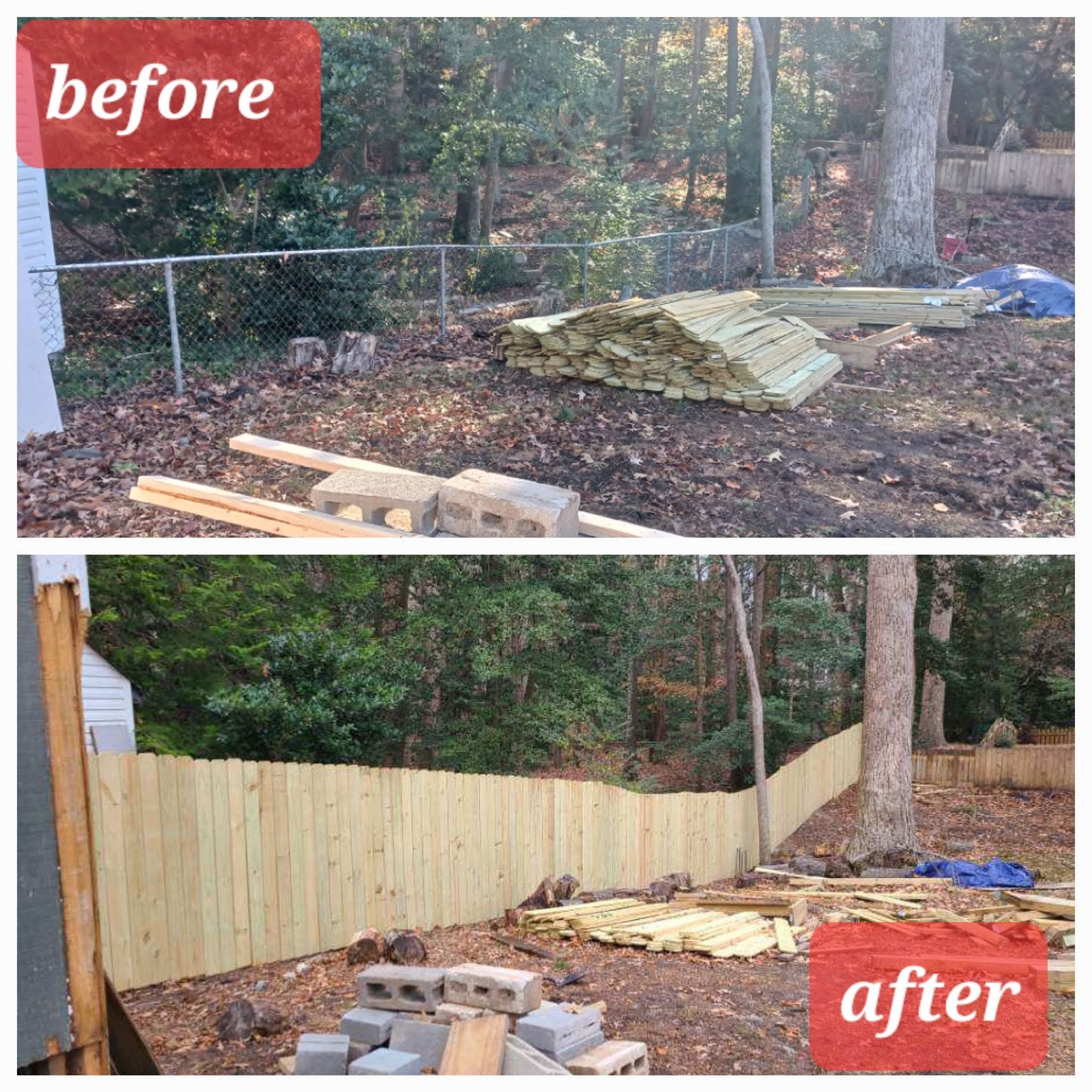 Before-and-after of a backyard fence build, showing a curved wooden fence replacing a wooded area.