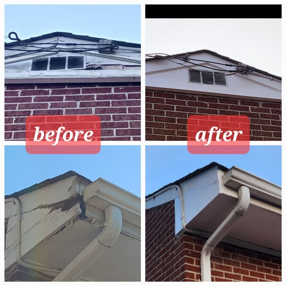 Before-and-after collage of a house roof and gutter repairs, showing damaged then fixed eaves and downspout.