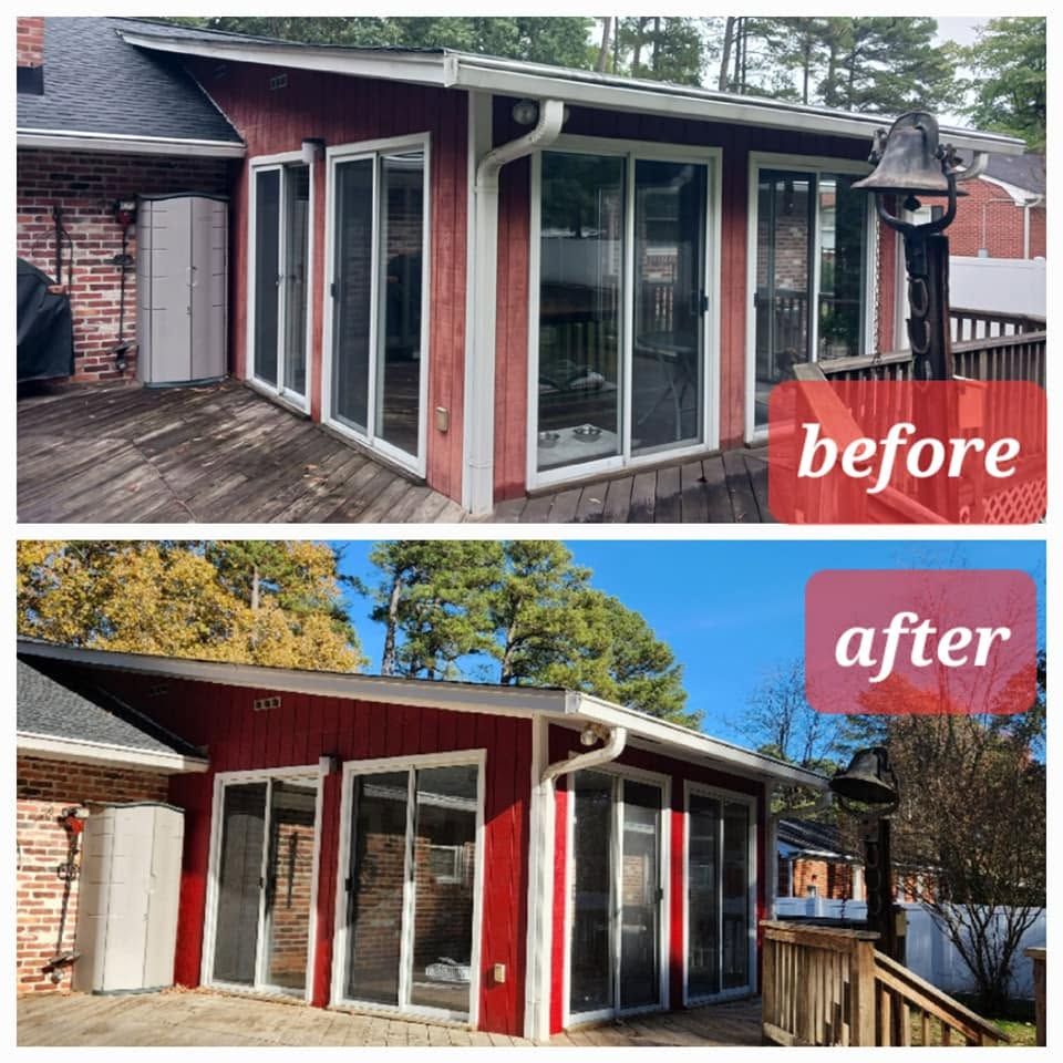 Before-and-after of a red-painted porch enclosure with white trim and windows.