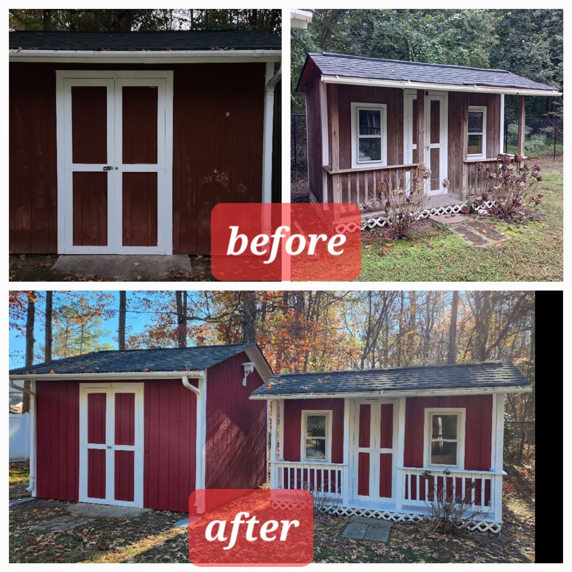 Before-and-after collage of a red cabin exterior renovation, showing updated doors, windows, and porch.