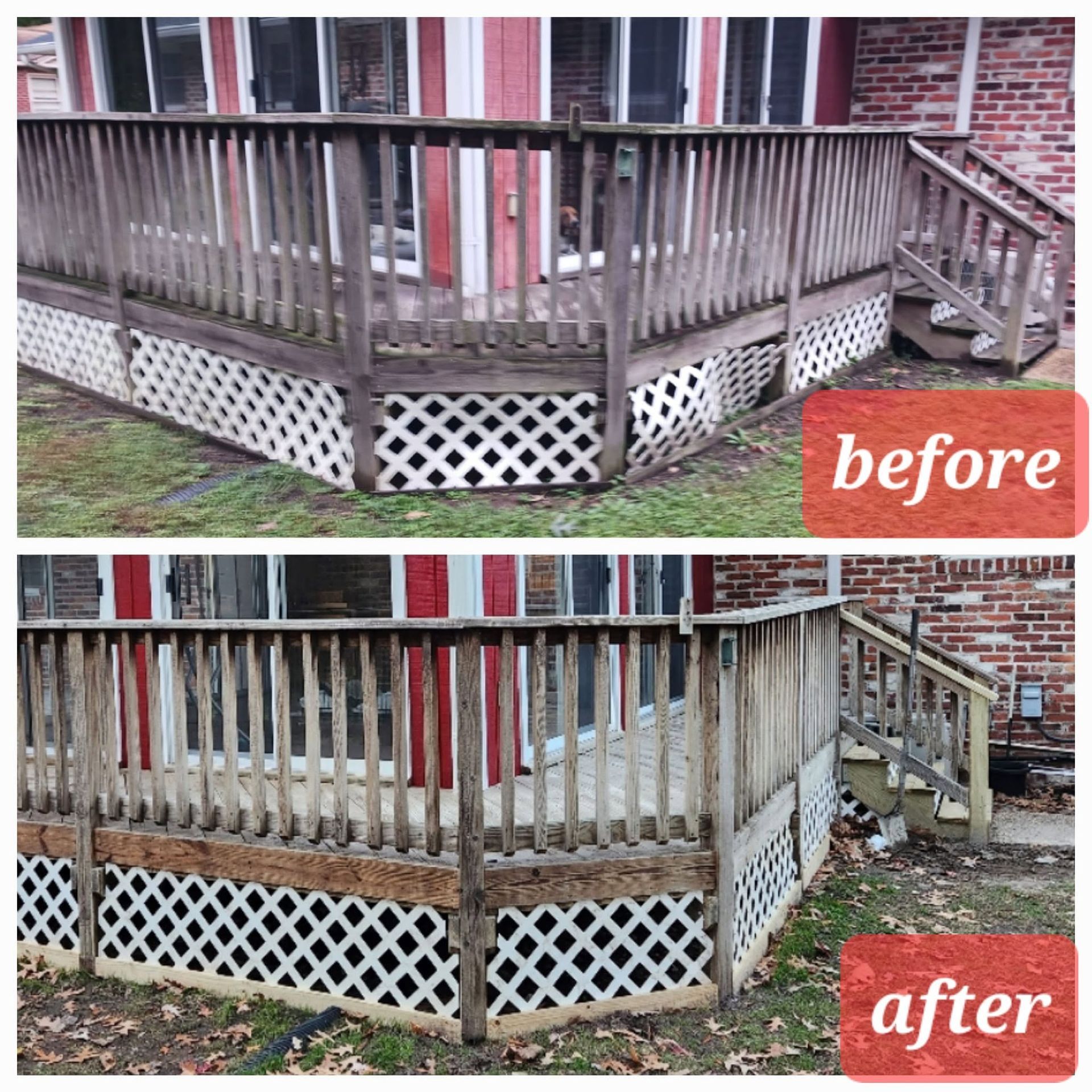 Before-and-after of a weathered porch deck and railing, showing a cleaned and repaired exterior.