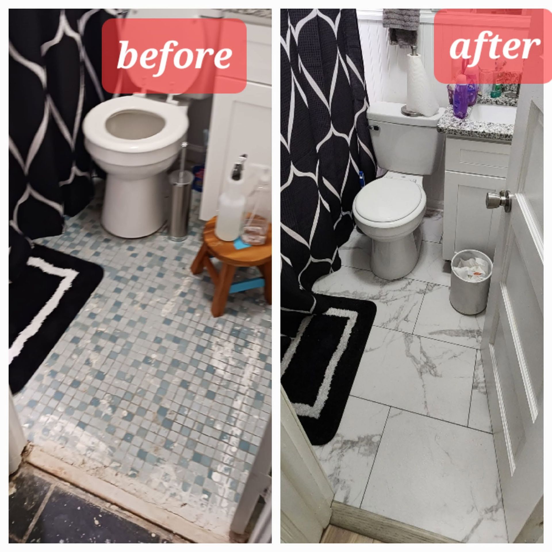 Before-and-after bathroom floor makeover: mosaic tile replaced with white tile, showing the toilet and sink.